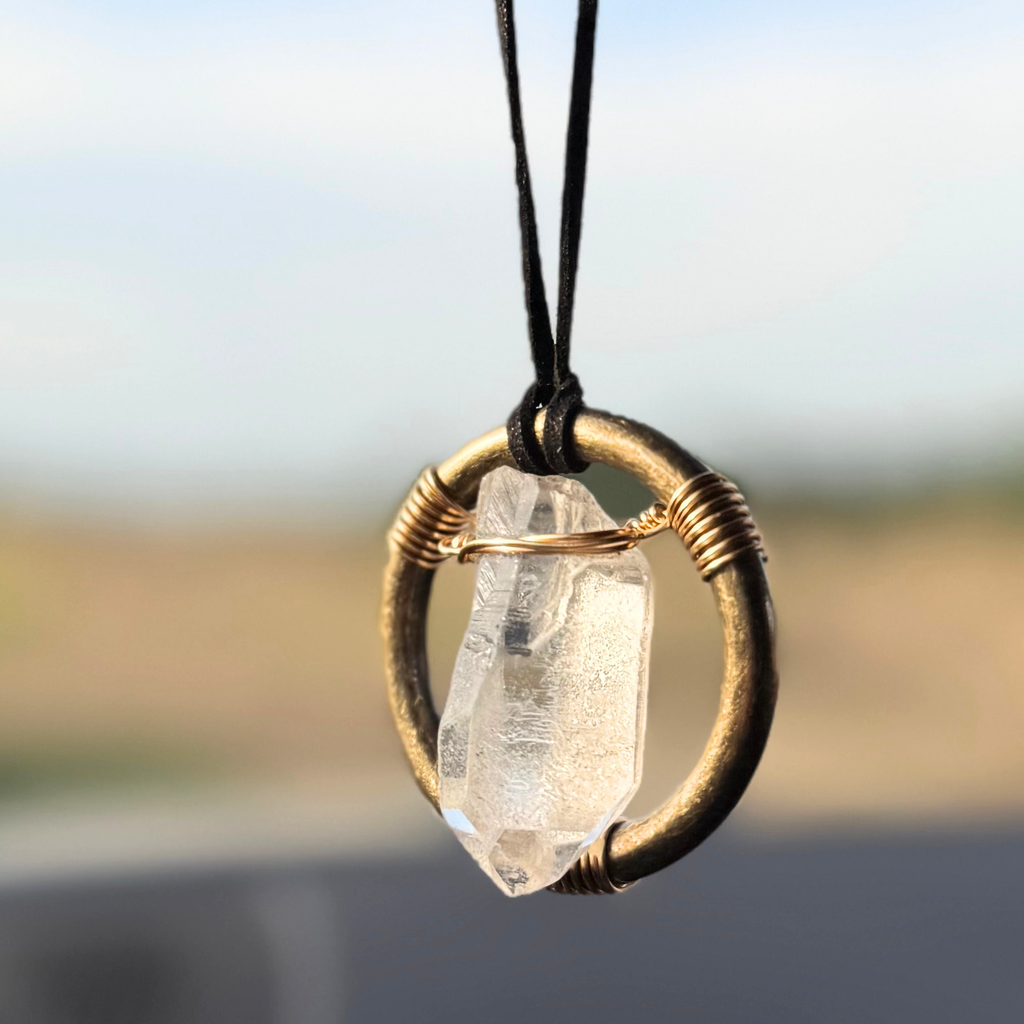Raw Quartz Crystal Car Charm - Antique Brass Protection Amulet