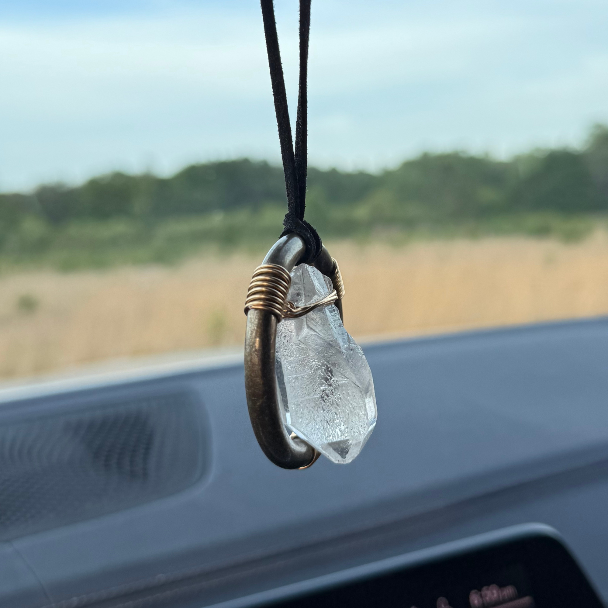 Raw Quartz Crystal Car Charm - Antique Brass Protection Amulet