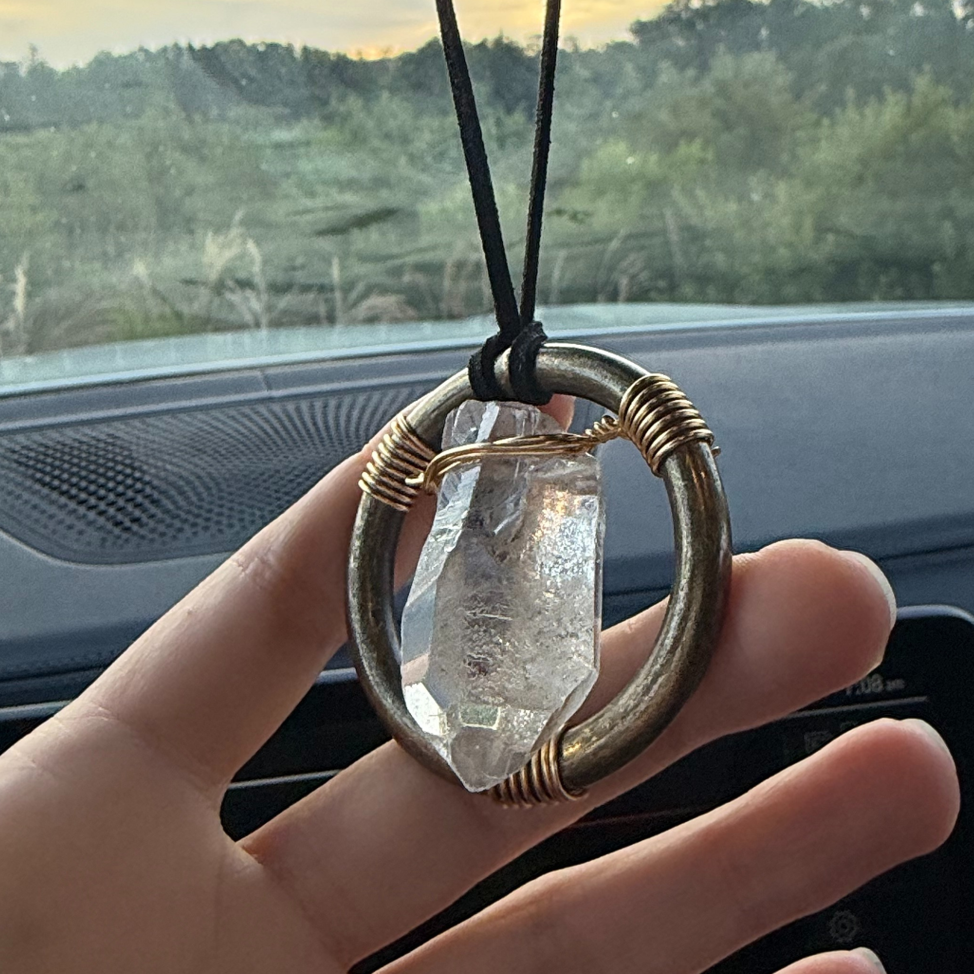 Raw Quartz Crystal Car Charm - Antique Brass Protection Amulet