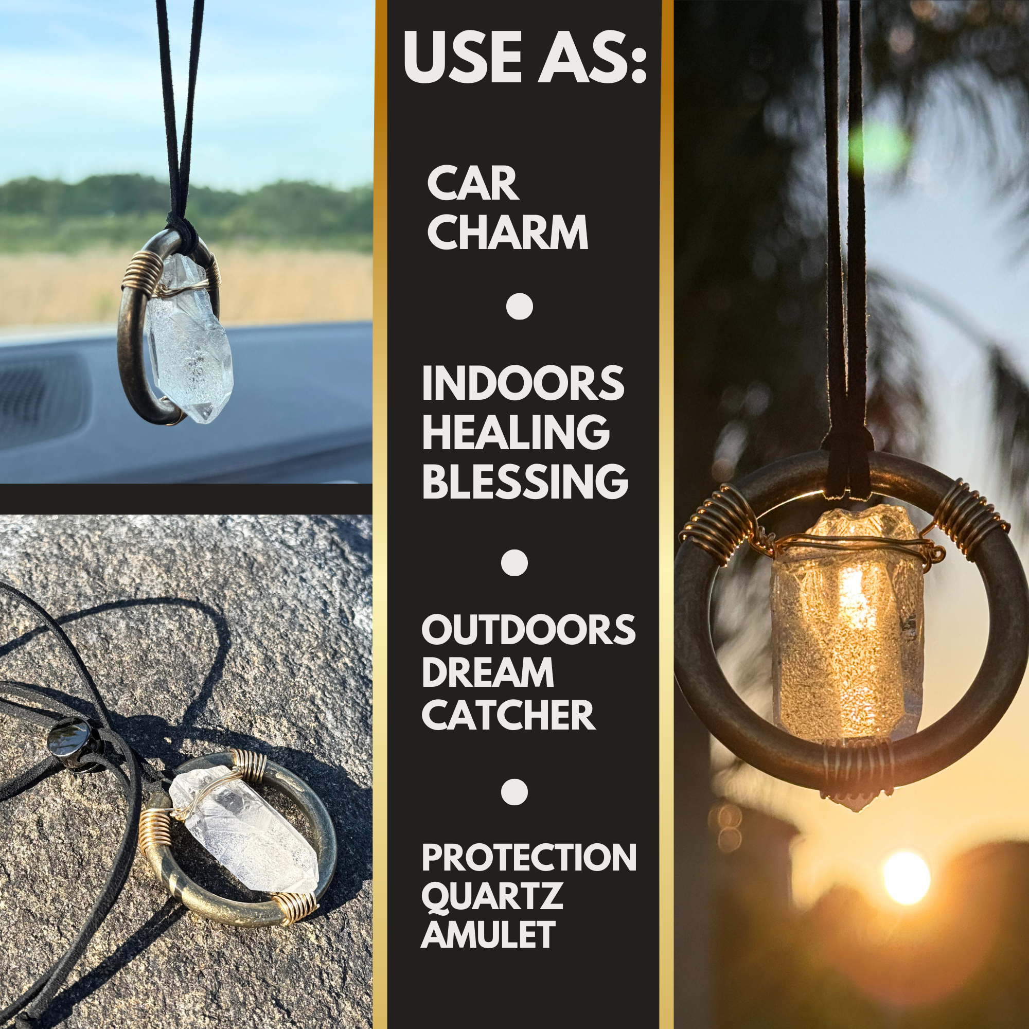 Raw Quartz Crystal Car Charm - Antique Brass Protection Amulet