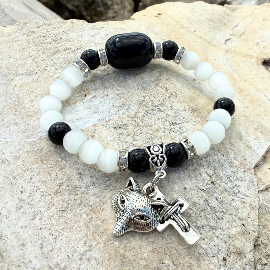 Wolf and Cross Gemstone Bracelet – Spiritual Amulet Jewelry Gift for Women
