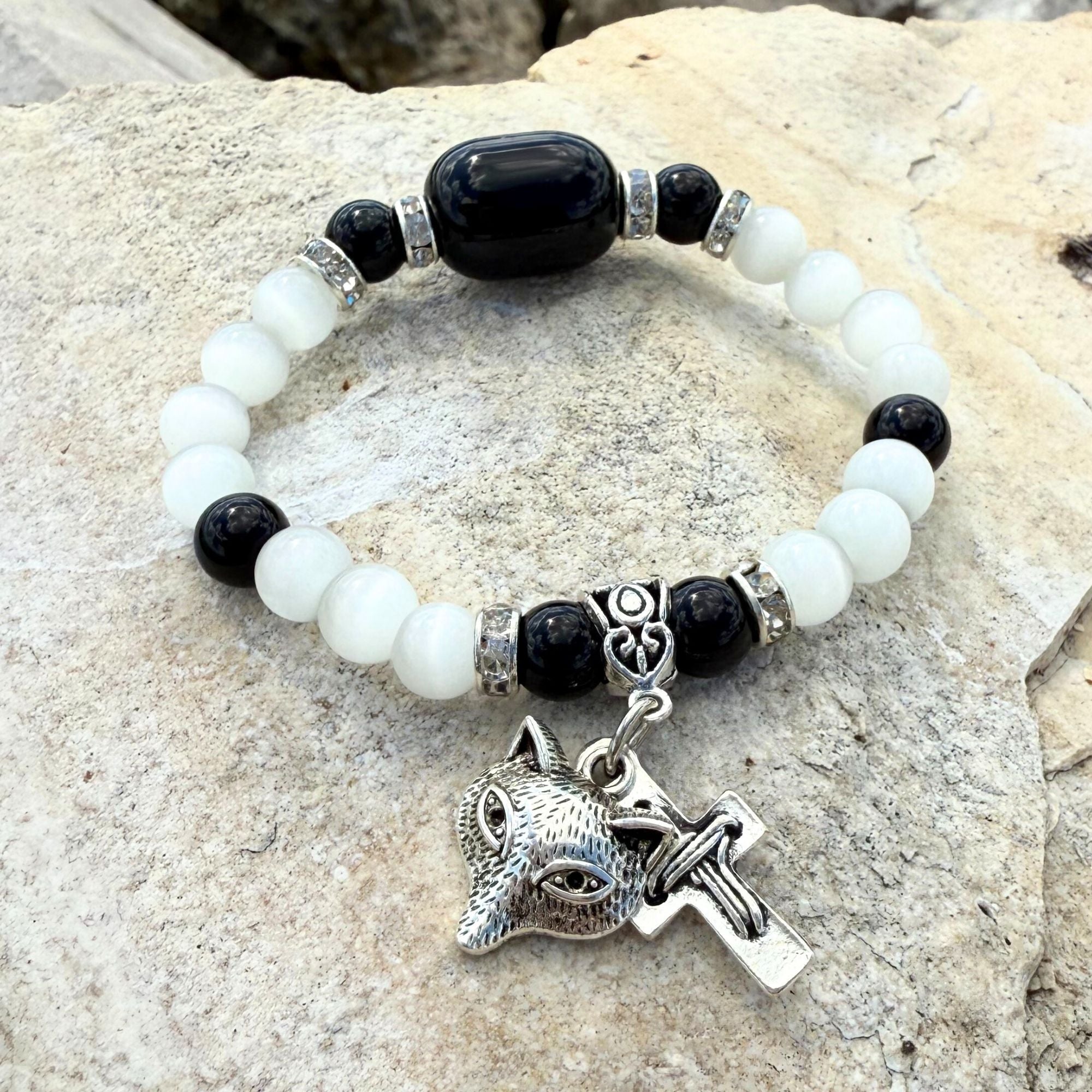 Wolf and Cross Gemstone Bracelet – Spiritual Amulet Jewelry Gift for Women