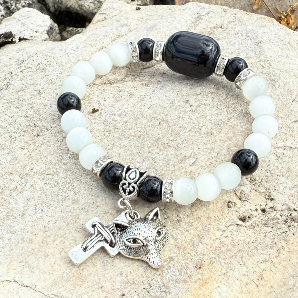 Wolf and Cross Gemstone Bracelet – Spiritual Amulet Jewelry Gift for Women