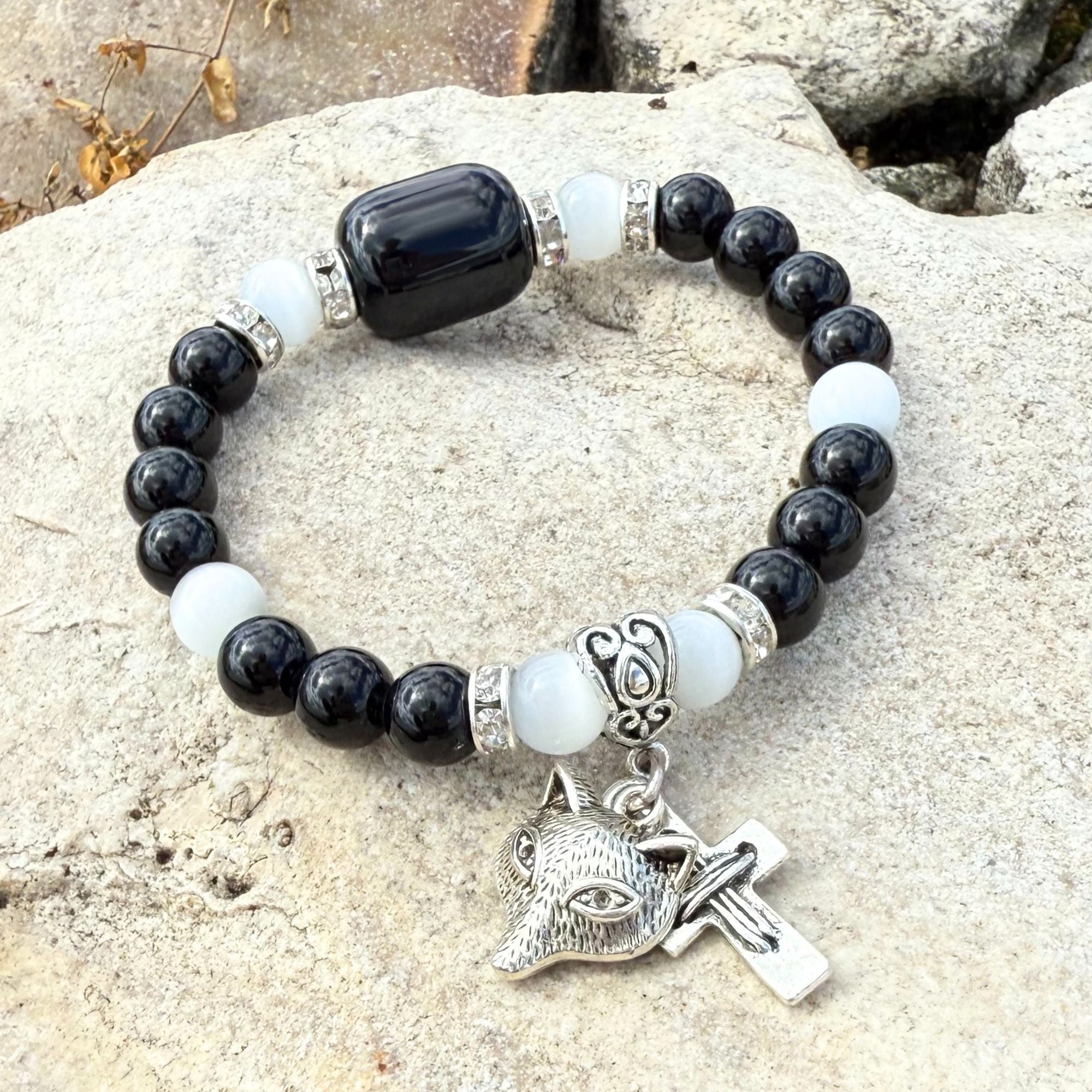 Wolf and Cross Gemstone Bracelet – Spiritual Amulet Jewelry Gift for Women