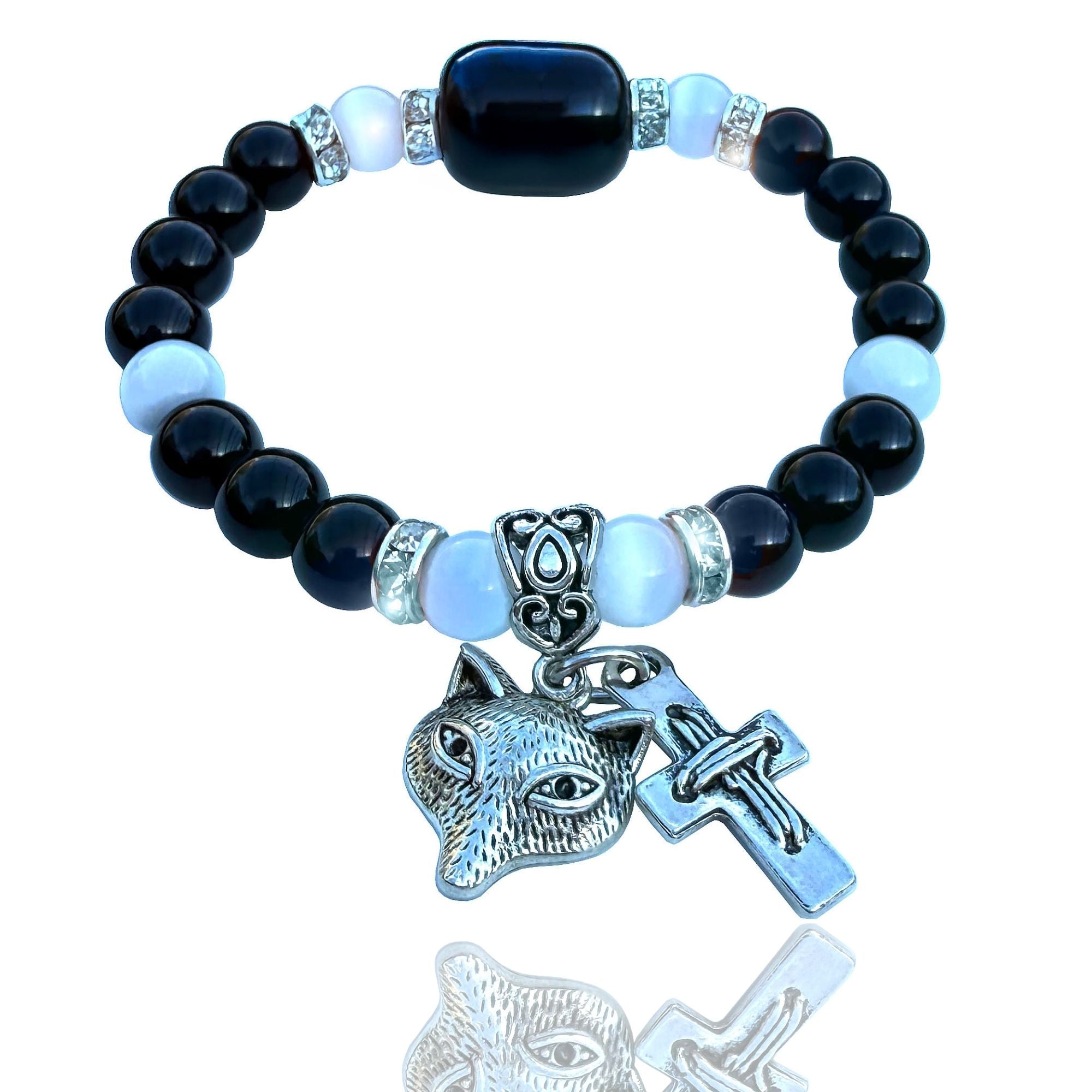 Wolf and Cross Gemstone Bracelet – Spiritual Amulet Jewelry Gift for Women