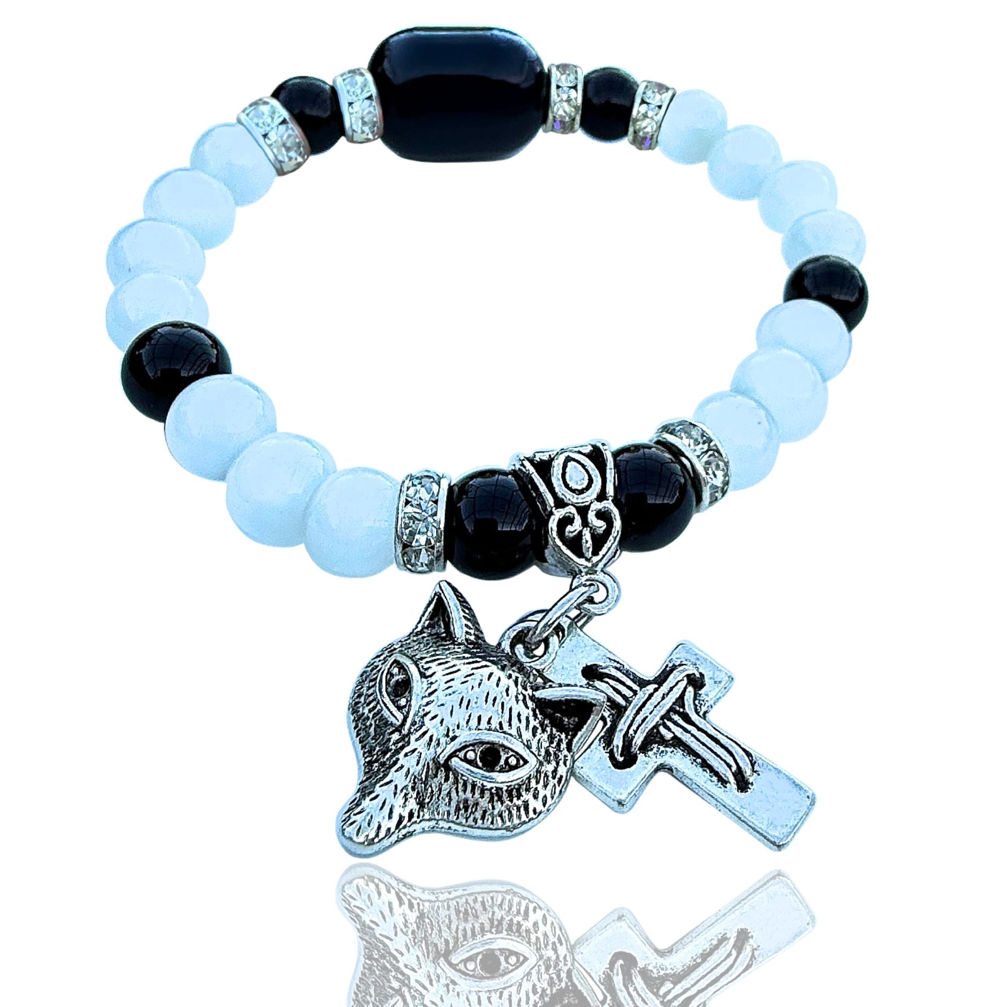 Wolf and Cross Gemstone Bracelet – Spiritual Amulet Jewelry Gift for Women