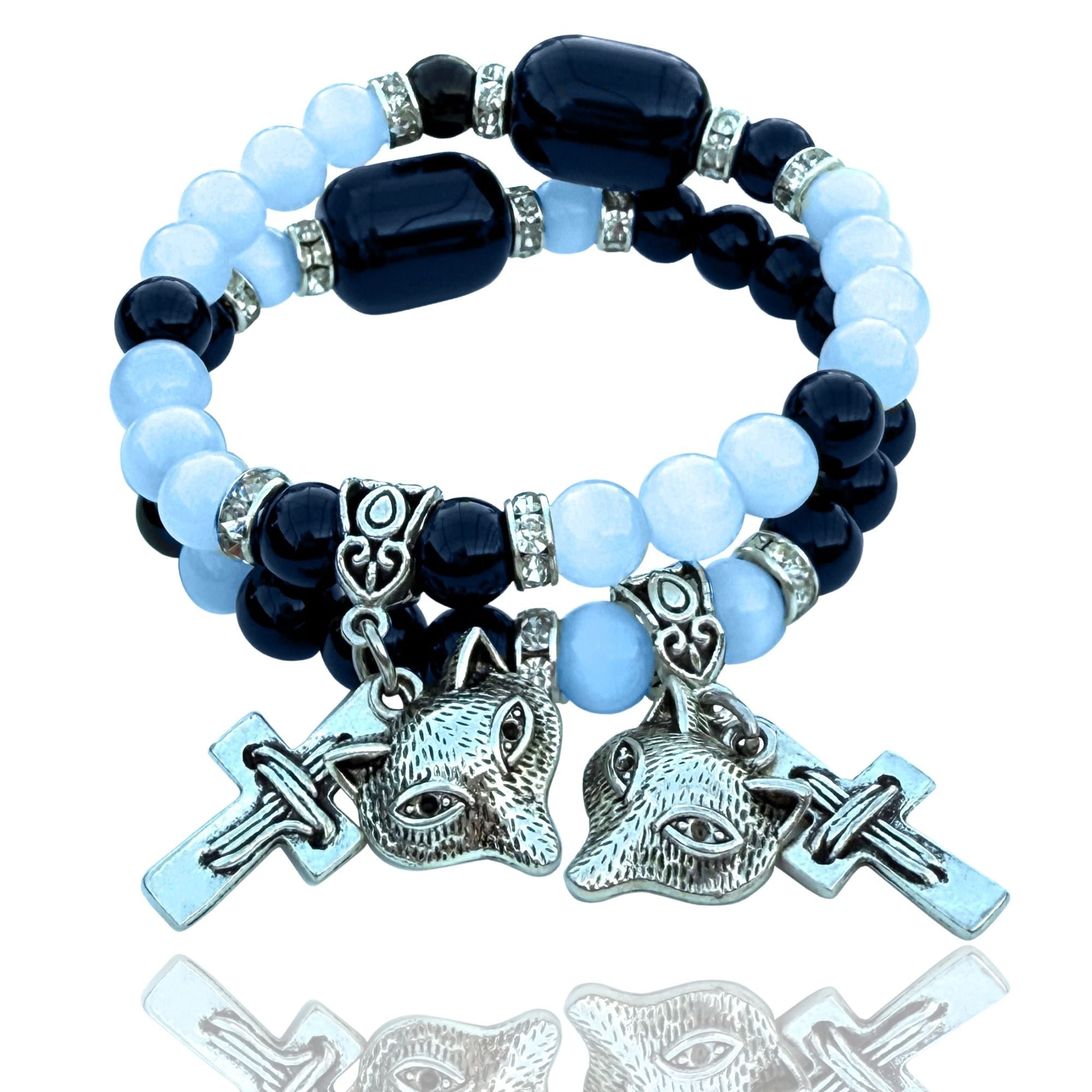 Wolf and Cross Gemstone Bracelet – Spiritual Amulet Jewelry Gift for Women