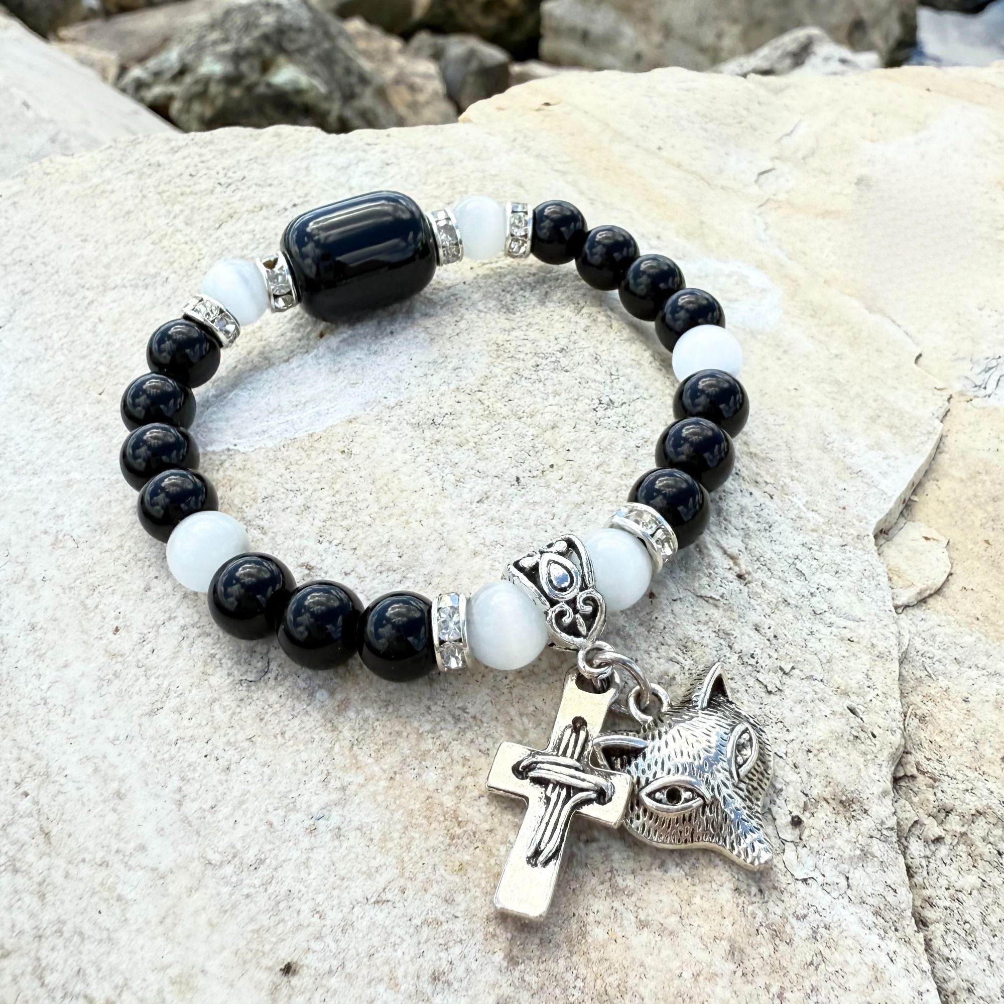 Wolf and Cross Gemstone Bracelet – Spiritual Amulet Jewelry Gift for Women