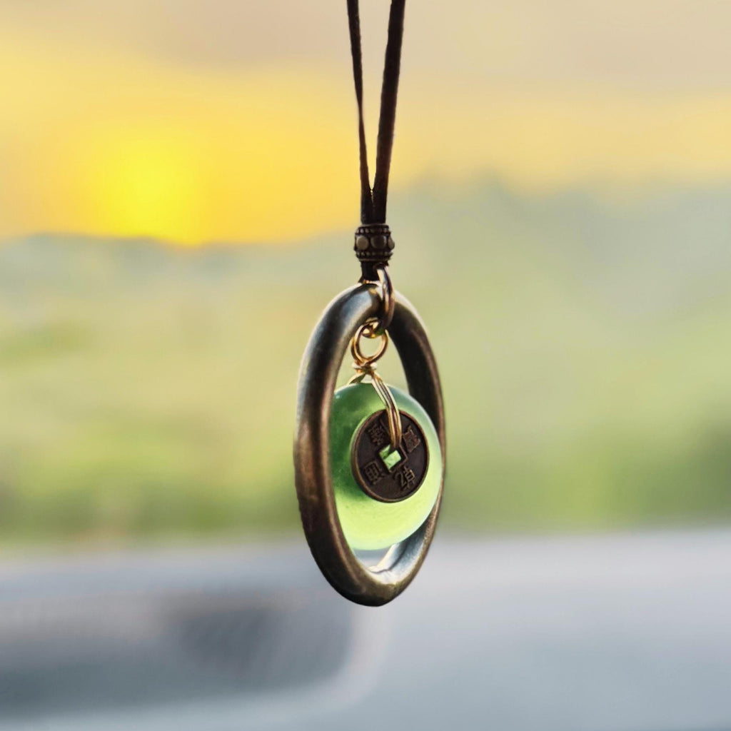 Sea Glass Car Charm: Dragon Lucky Coin Amulet - Wheel of Fortune Protection
