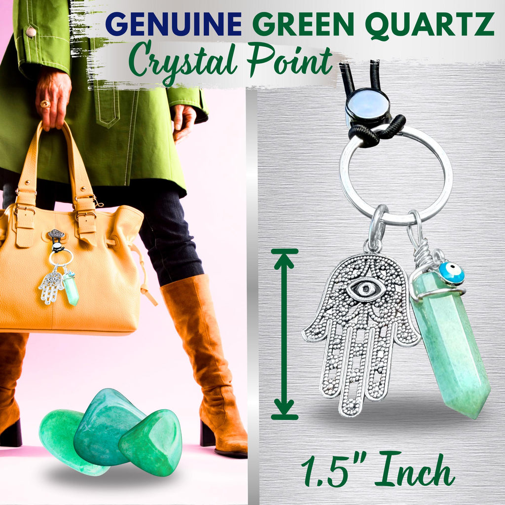 Money Talisman Hamsa Hand Keychain - Green Quartz Crystal - Evil Eye Amulet