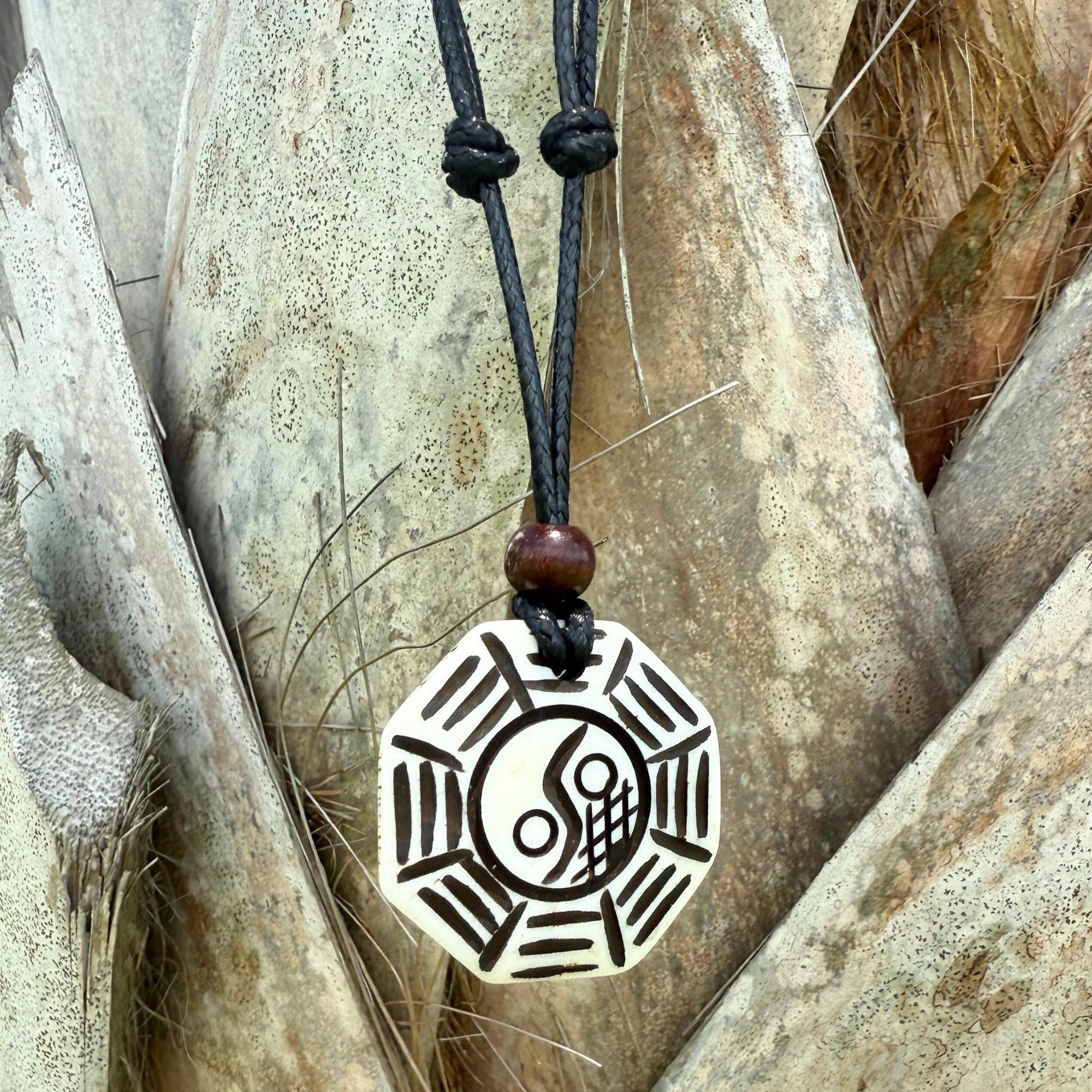 Reversible Yin Yang Necklace - White Yak Bone BaGua Spiritual Protection Amulet