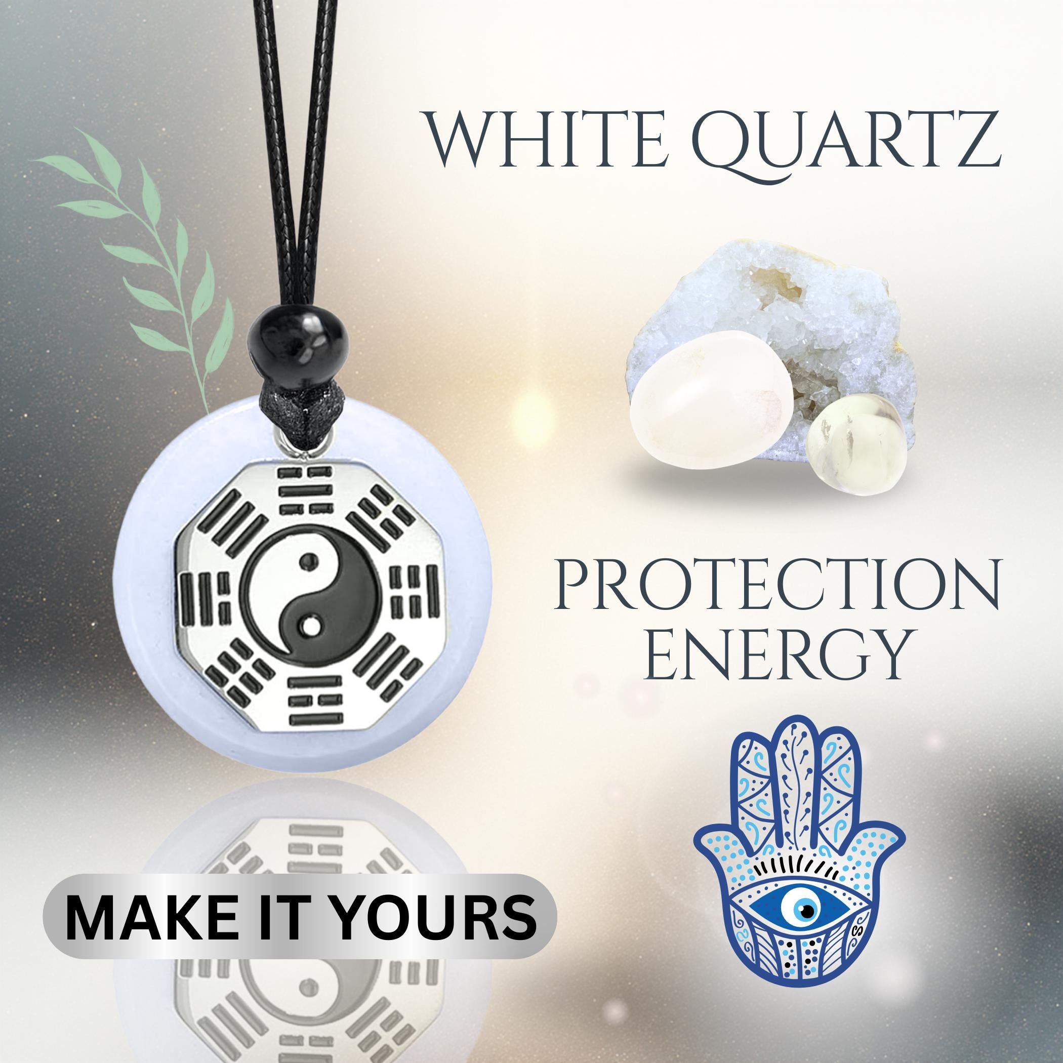 White Quartz Yin Yang Necklace – Evil Eye Protection Ba Gua Amulet