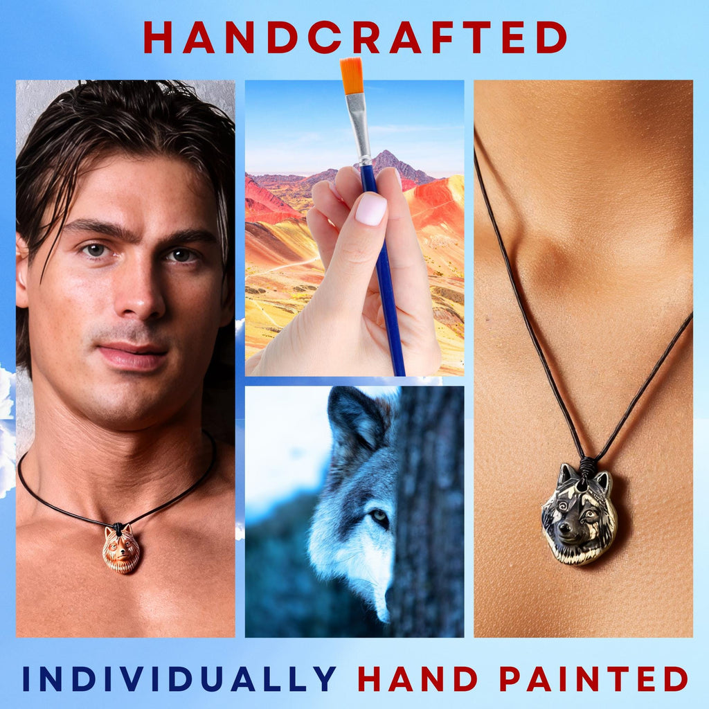 Hand-Painted Ceramic Wolf Totem Necklace: Spiritual Amulet Jewelry