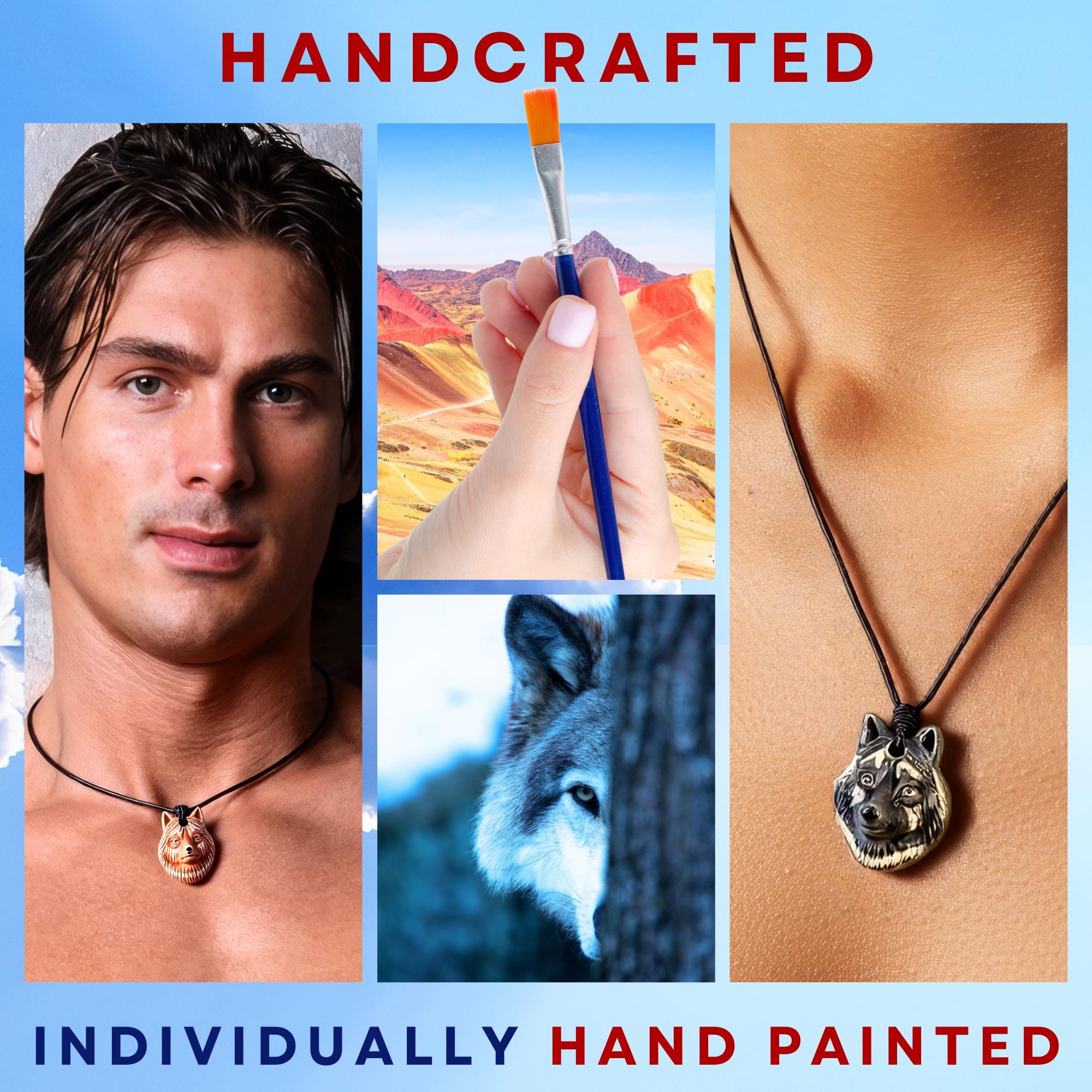 Hand-Painted Ceramic Wolf Totem Necklace: Spiritual Amulet Jewelry