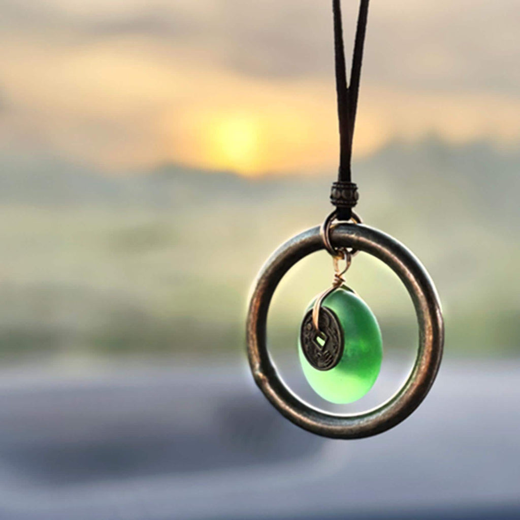 Sea Glass Car Charm: Dragon Lucky Coin Amulet - Wheel of Fortune Protection