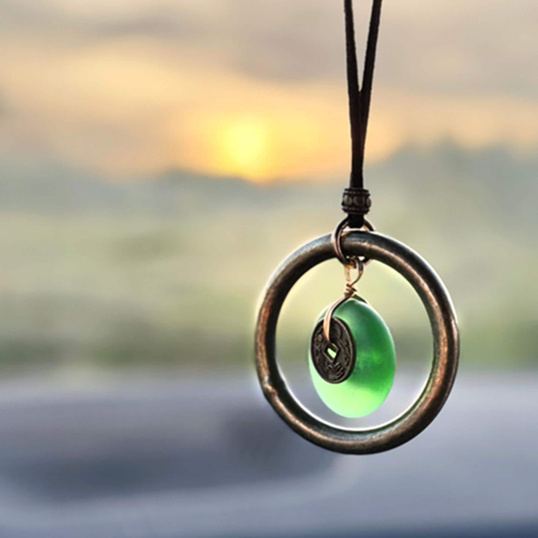 Sea Glass Car Charm: Dragon Lucky Coin Amulet - Wheel of Fortune Protection