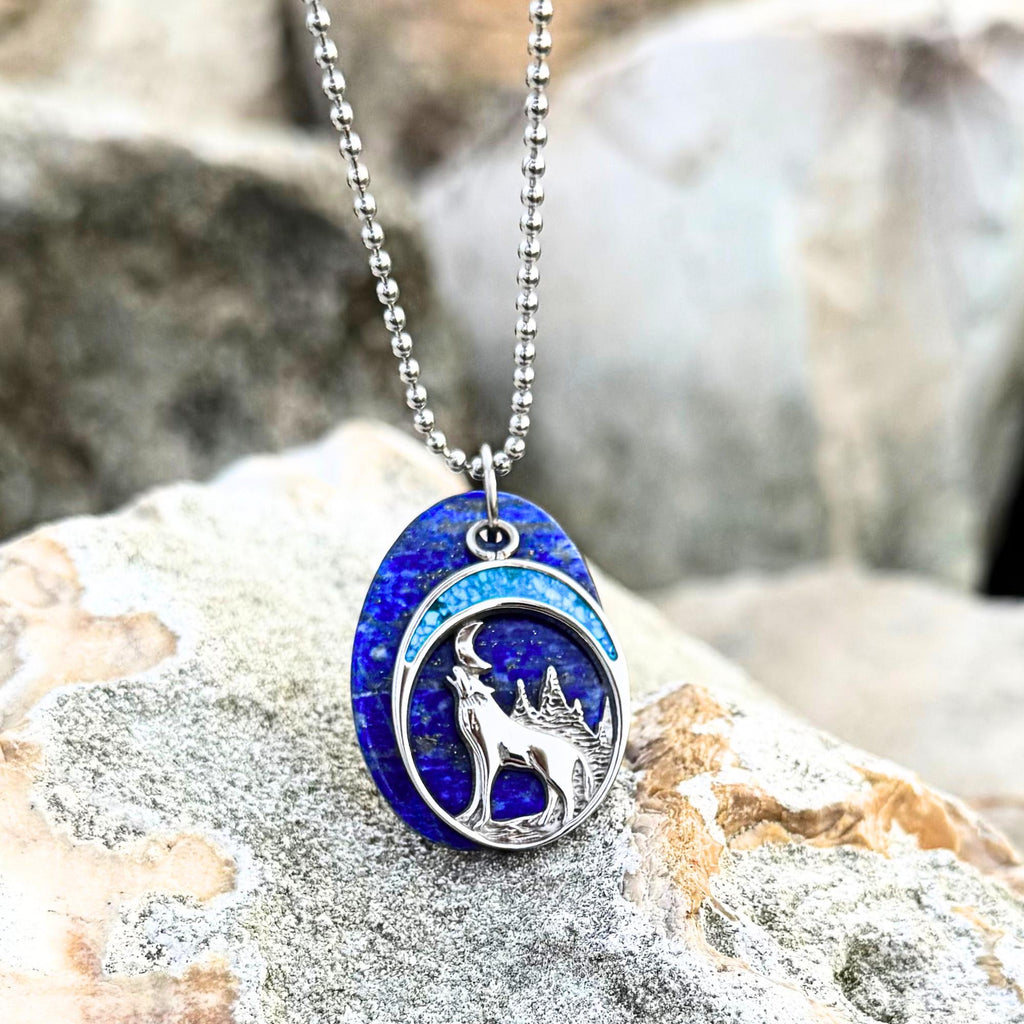 Lapis Lazuli Howling Wolf Necklace: Turquoise Moon Amulet