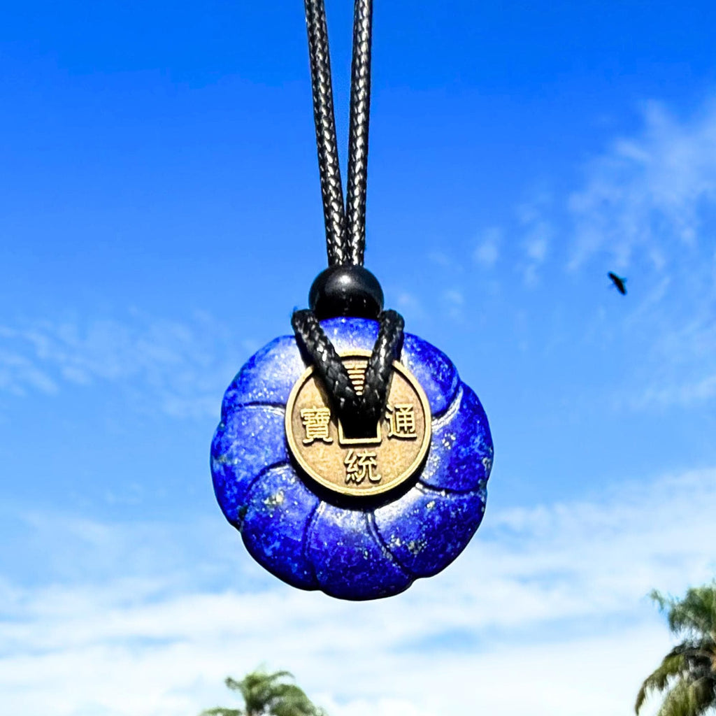 Lapis Lazuli Celtic Lotus Flower Lucky Coin Necklace Amulet - Feng Shui Spiritual Talisman