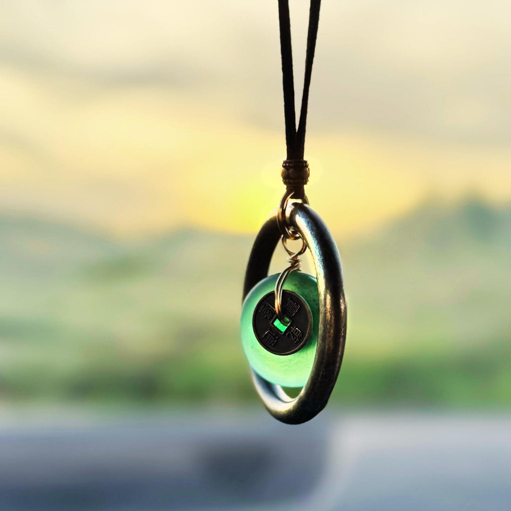 Sea Glass Car Charm: Dragon Lucky Coin Amulet - Wheel of Fortune Protection