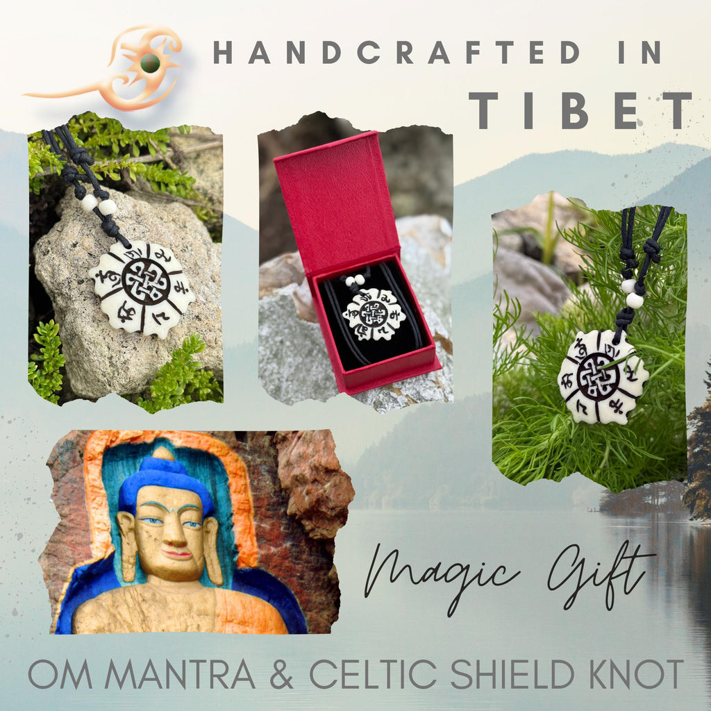 Yak Bone Lotus Mandala Necklace: Celtic Shield Knot, Om Mani Padme Hum