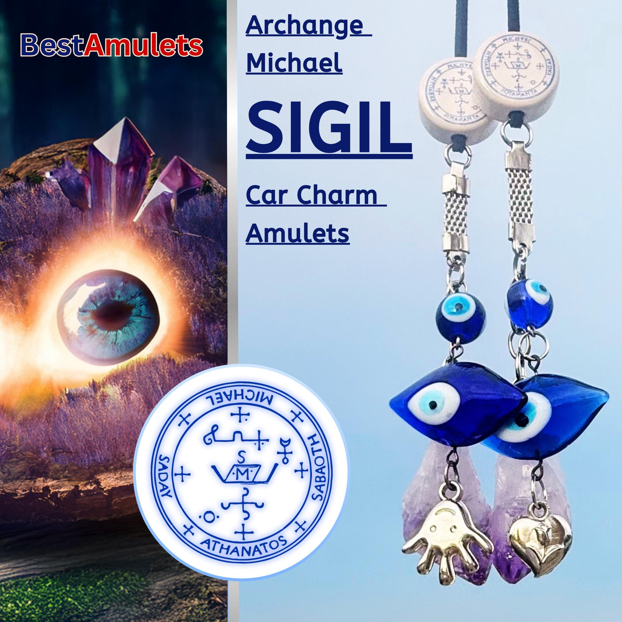 Archangel Michael Car Charm: Amethyst Evil Eye Amulet - King Solomon Sigil