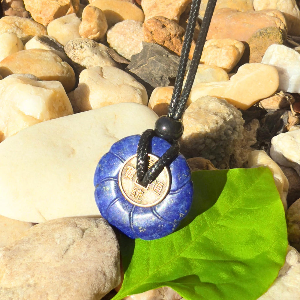 Lapis Lazuli Celtic Lotus Flower Lucky Coin Necklace Amulet - Feng Shui Spiritual Talisman
