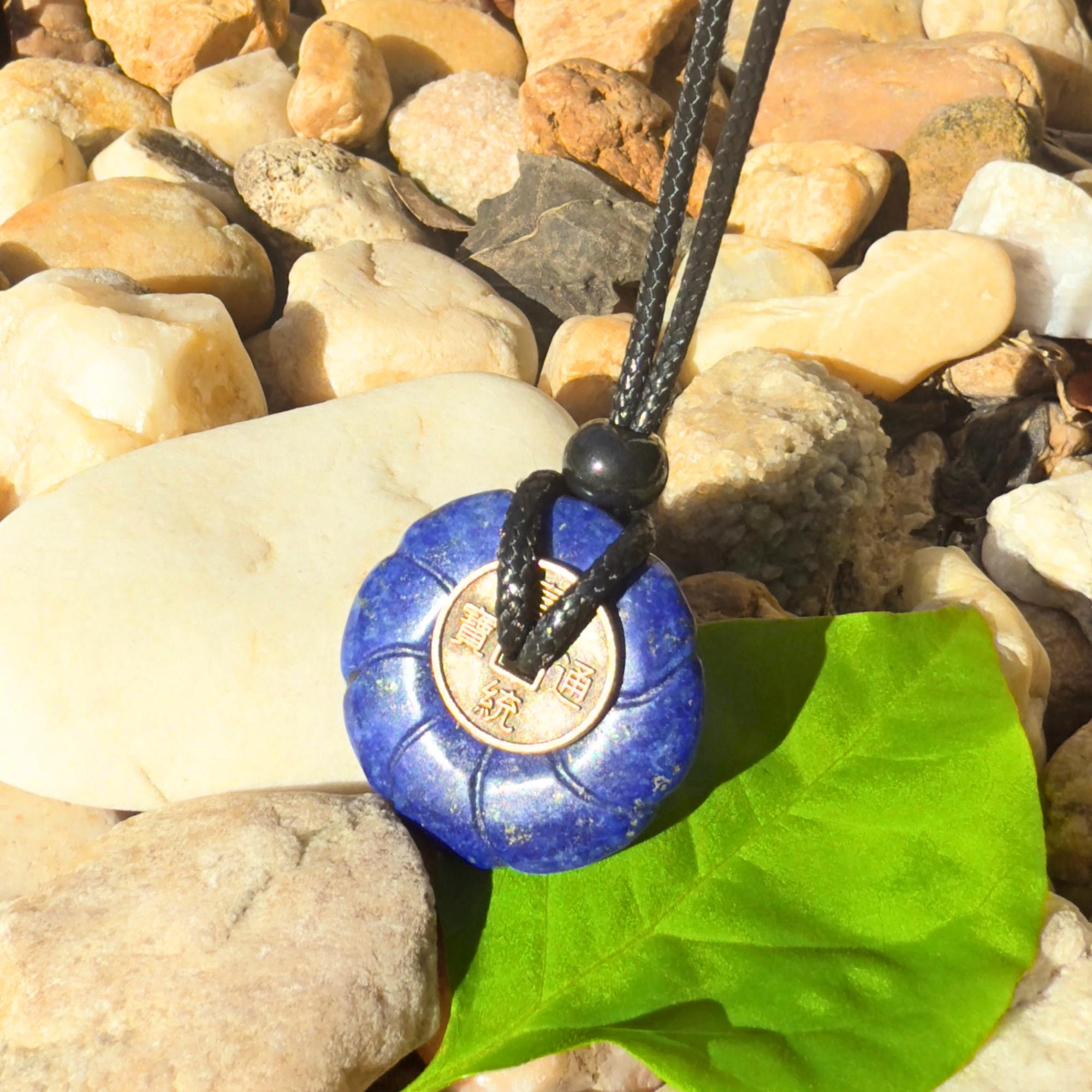 Lapis Lazuli Celtic Lotus Flower Lucky Coin Necklace Amulet - Feng Shui Spiritual Talisman