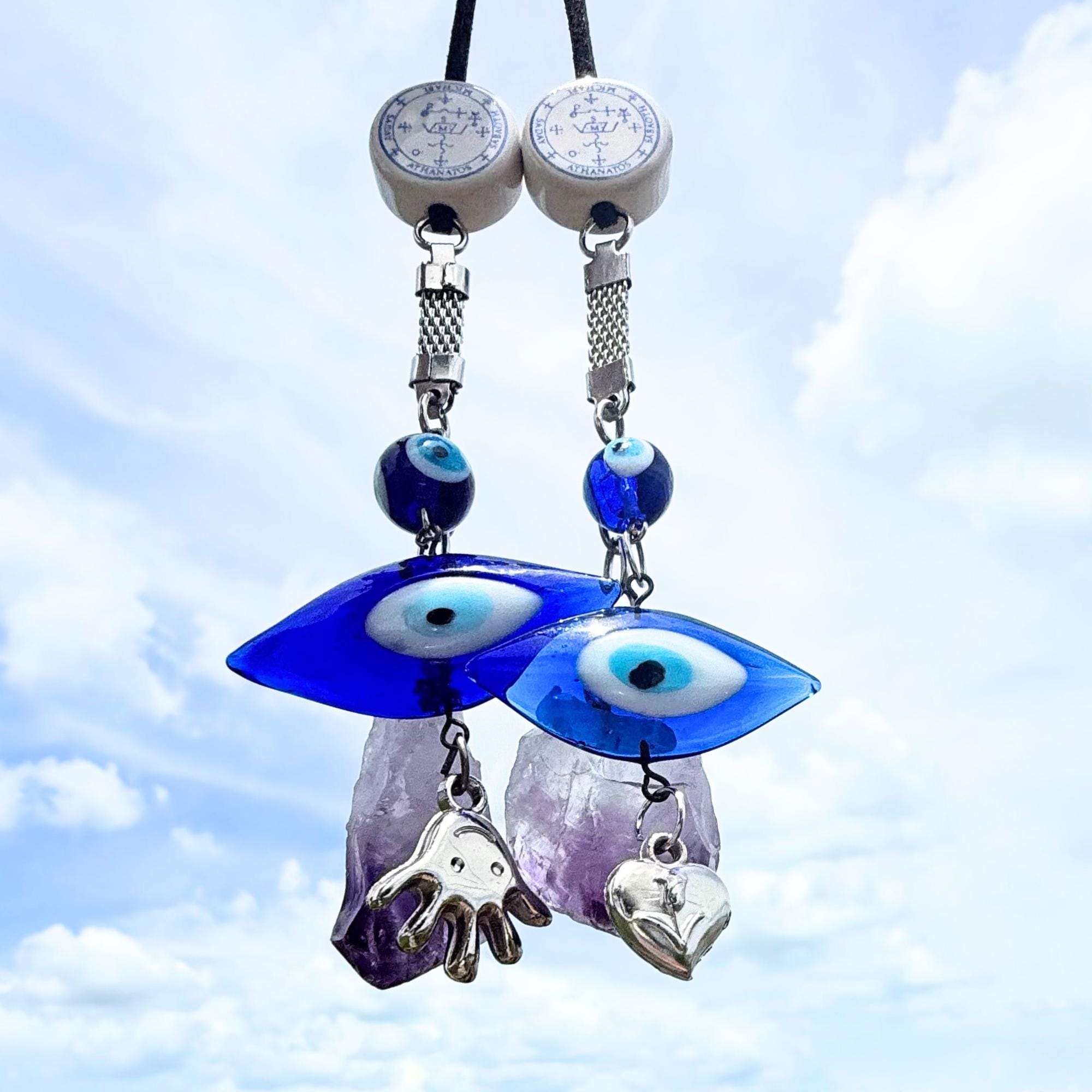 Archangel Michael Car Charm: Amethyst Evil Eye Amulet - King Solomon Sigil