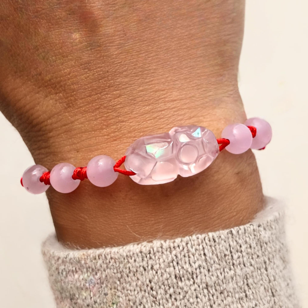 Pink Dragon Bracelet: Simulated Jade, Red String Amulet - Heart Chakra Jewelry