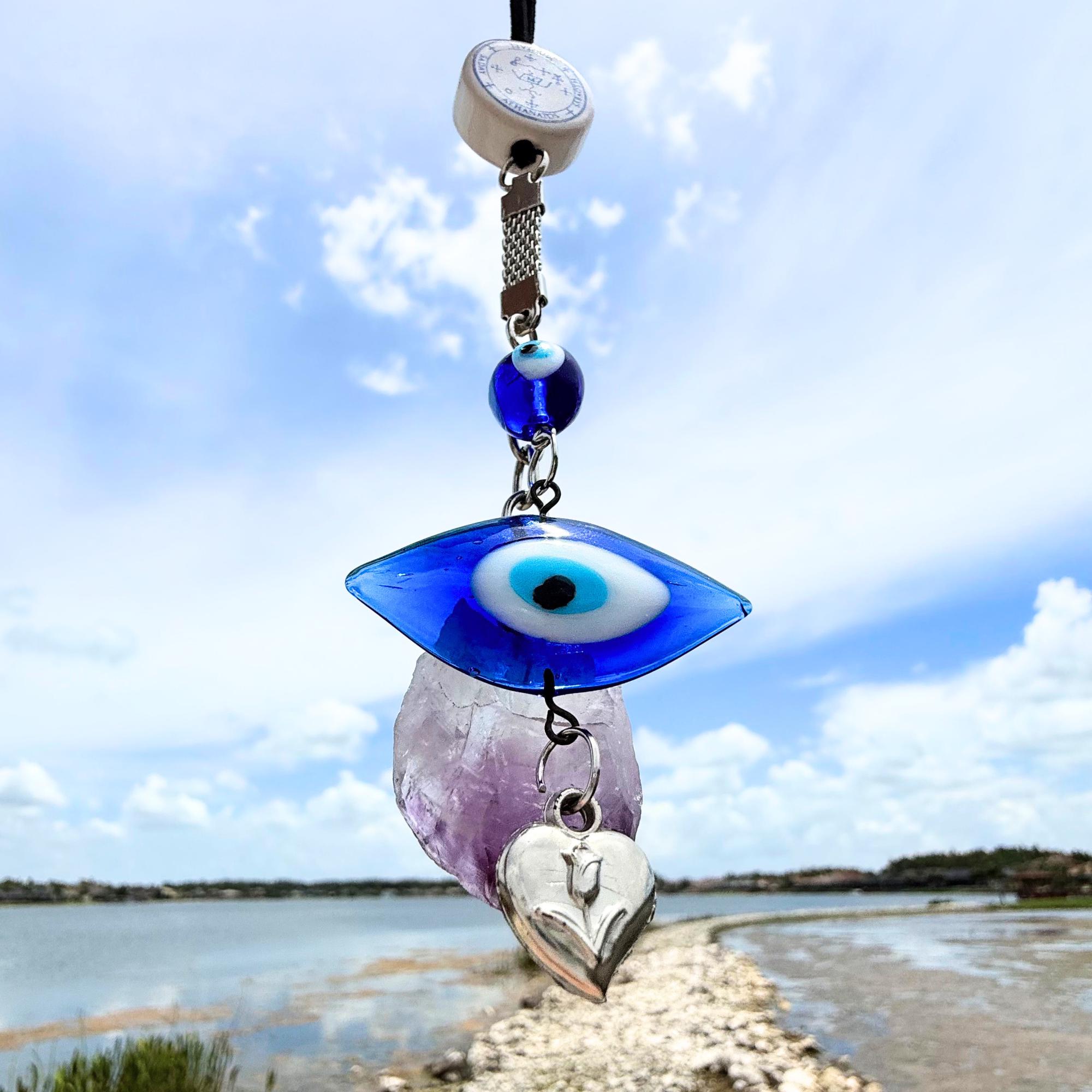 Archangel Michael Car Charm: Amethyst Evil Eye Amulet - King Solomon Sigil