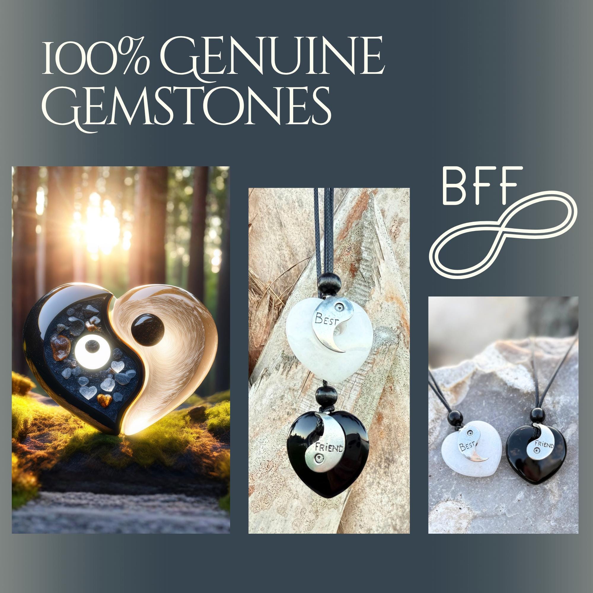 Yin Yang Heart Necklace Set – White Quartz & Black Agate Friendship Amulets