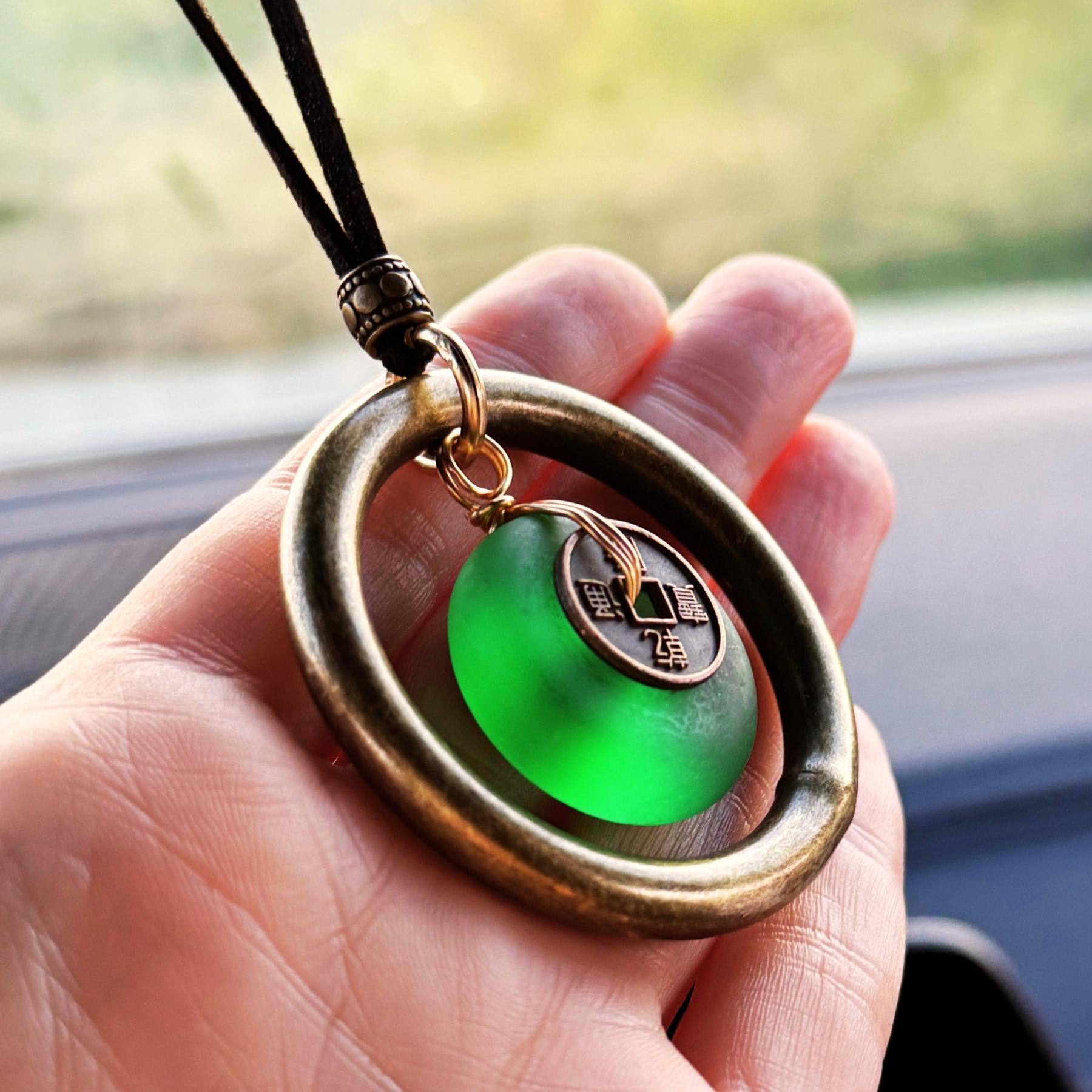 Sea Glass Car Charm: Dragon Lucky Coin Amulet - Wheel of Fortune Protection