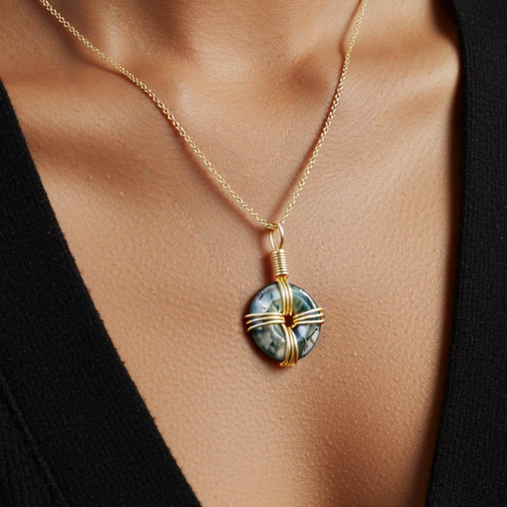 Celtic Cross Amulet in Green Moss Agate - 18 Inch Necklace - Fortune Donut Gemstone