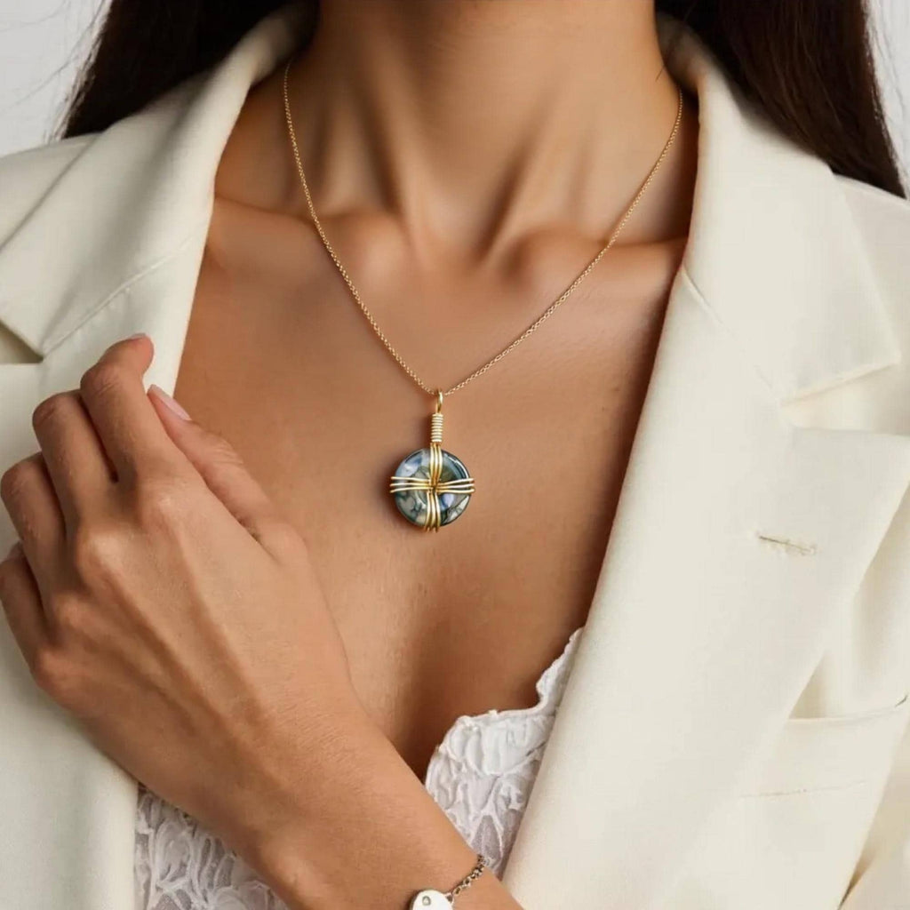 Celtic Cross Amulet in Green Moss Agate - 18 Inch Necklace - Fortune Donut Gemstone