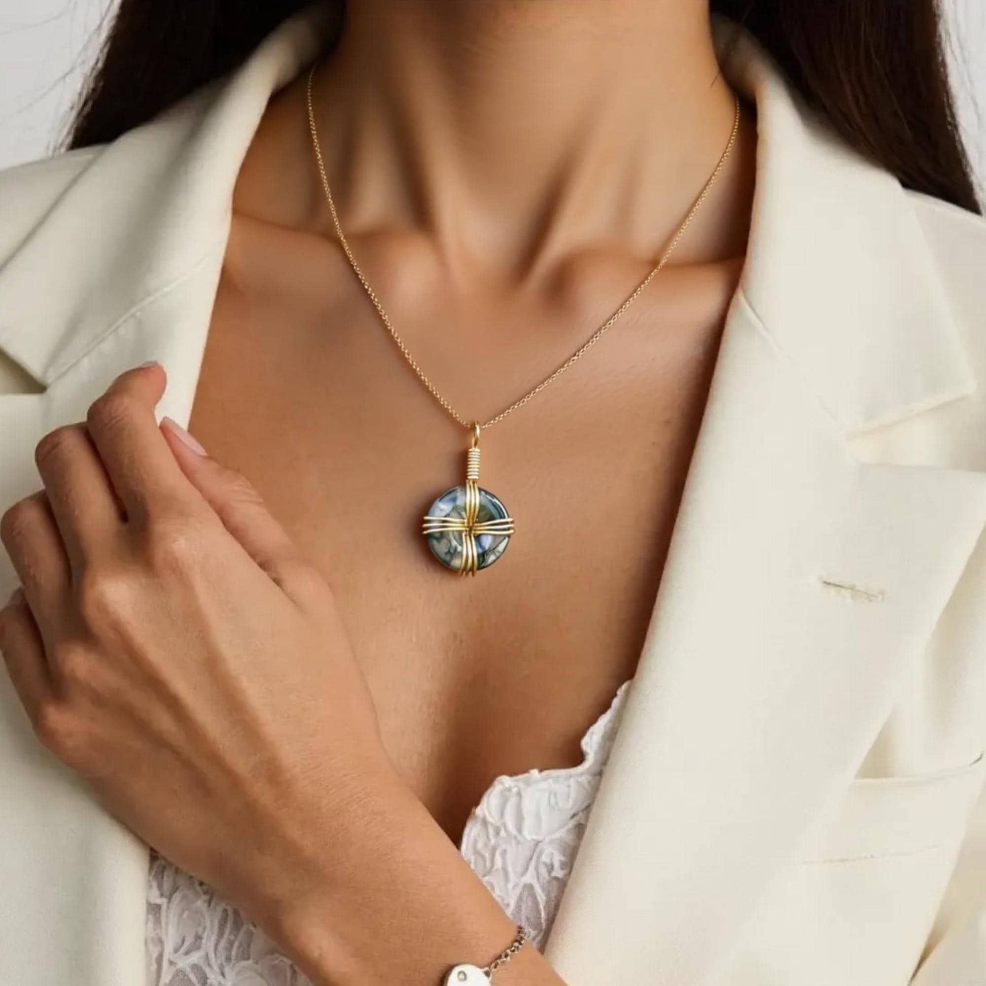 Celtic Cross Amulet in Green Moss Agate - 18 Inch Necklace - Fortune Donut Gemstone