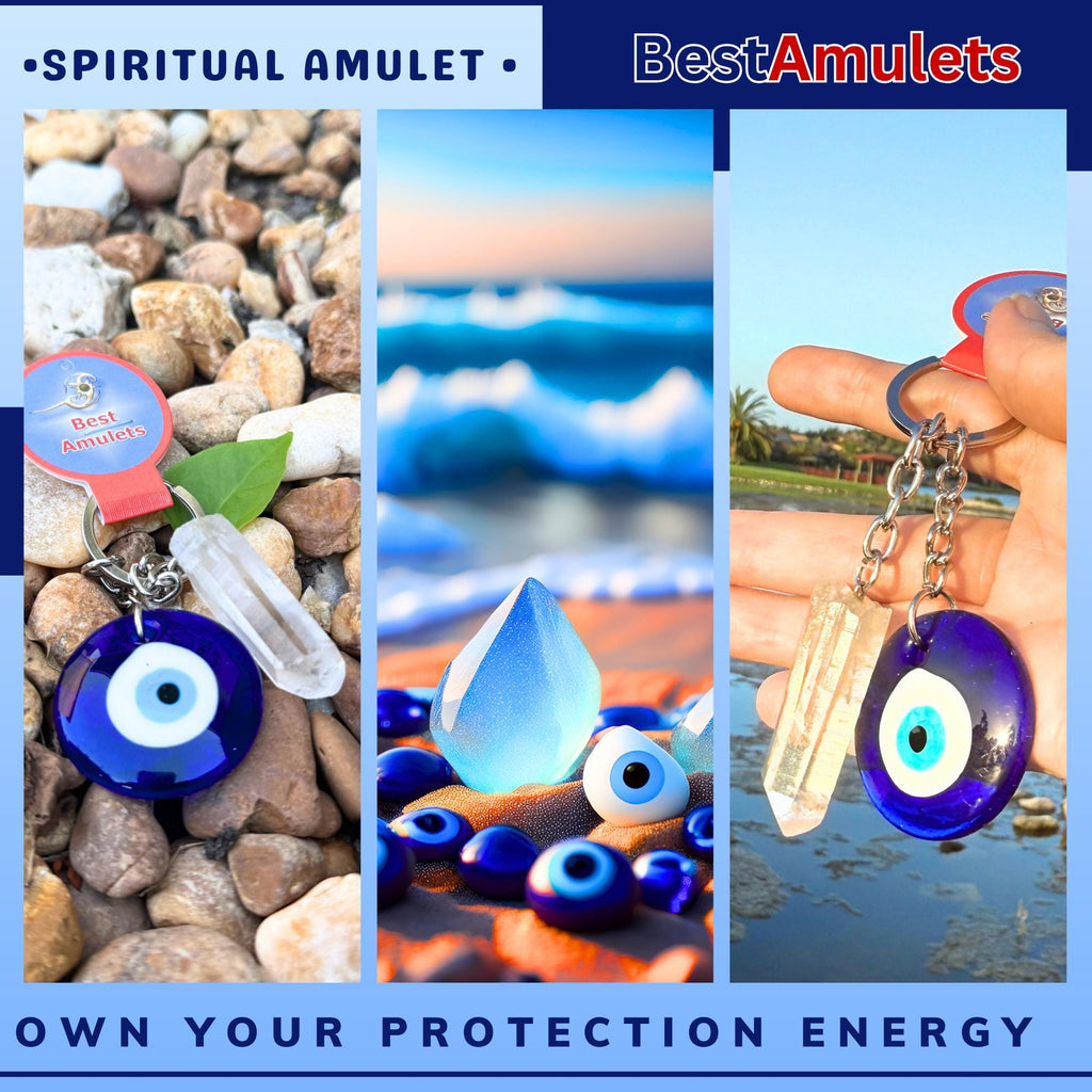 Evil Eye Keychain - Brazilian Quartz Crystal Amulet - Spiritual Protection Key Fob