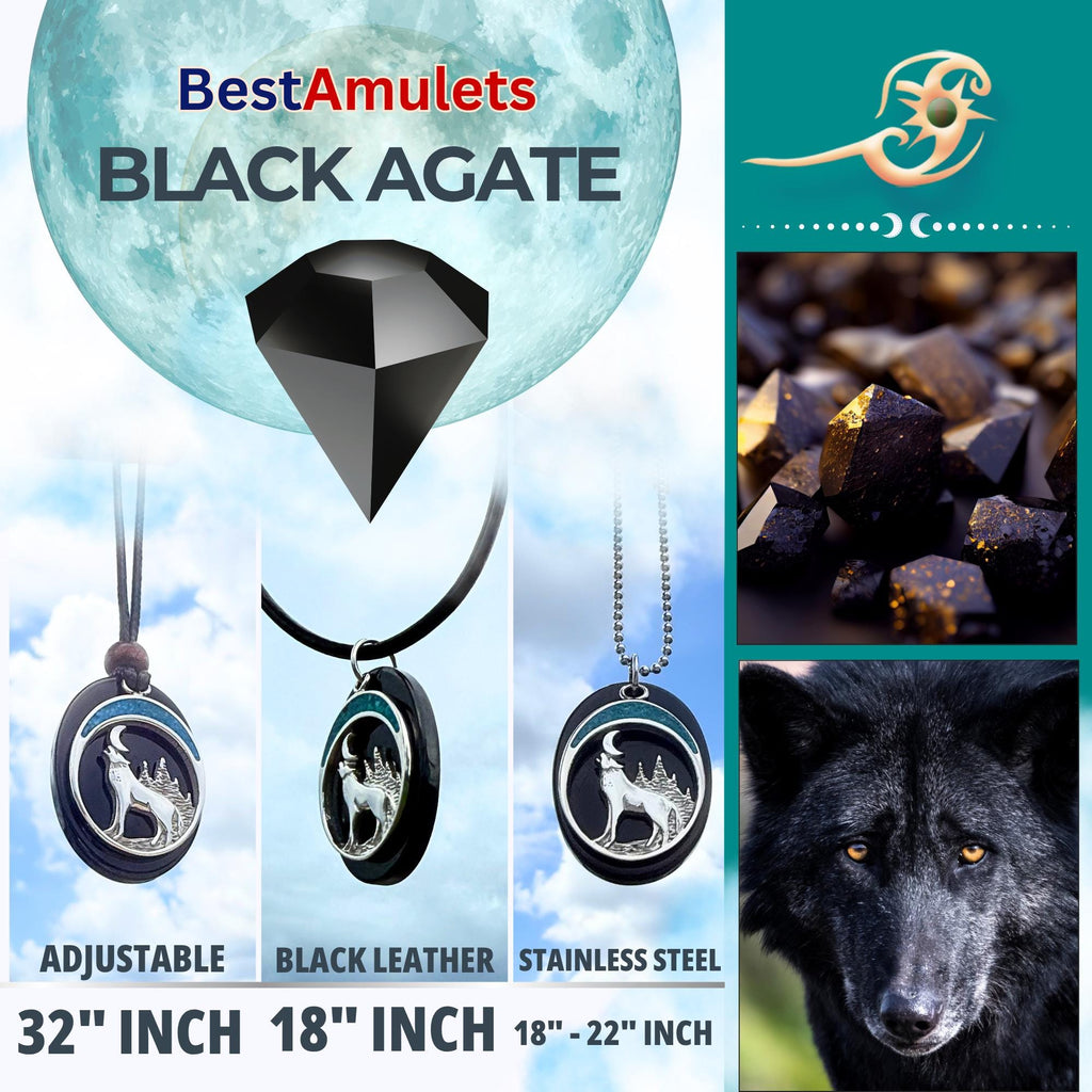 Howling Wolf Black Agate Necklace: Turquoise Accent, Native American Amulet