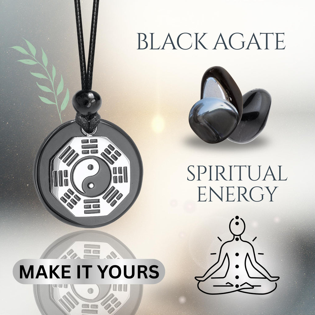 Black Agate Yin Yang Amulet Necklace – Feng Shui BaGua Spiritual Protection Talisman Jewelry