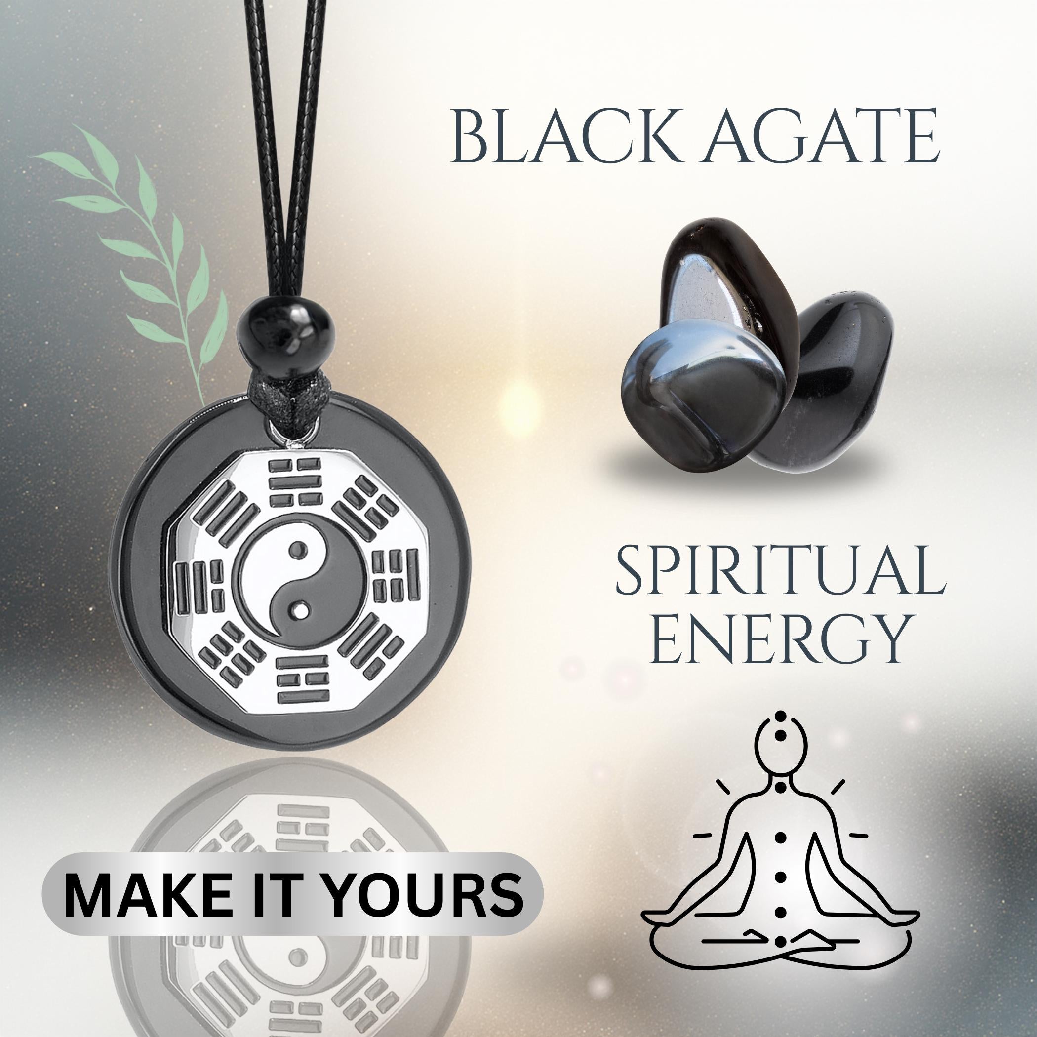 Black Agate Yin Yang Amulet Necklace – Feng Shui BaGua Spiritual Protection Talisman Jewelry