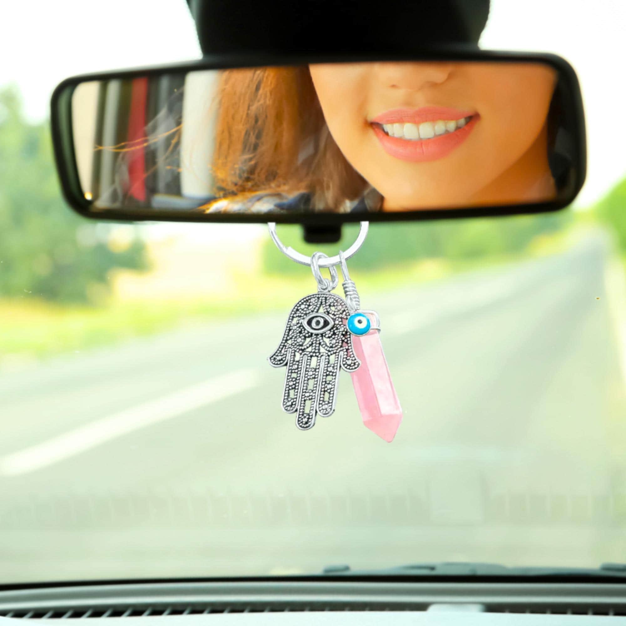 Love Amulet Hamsa Hand Keychain - Rose Quartz Crystal - Evil Eye Talisman - Car Hanging Ornament