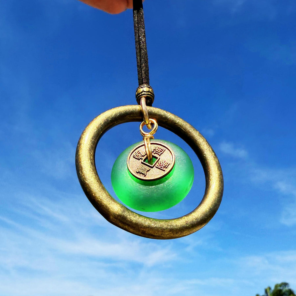 Sea Glass Car Charm: Dragon Lucky Coin Amulet - Wheel of Fortune Protection