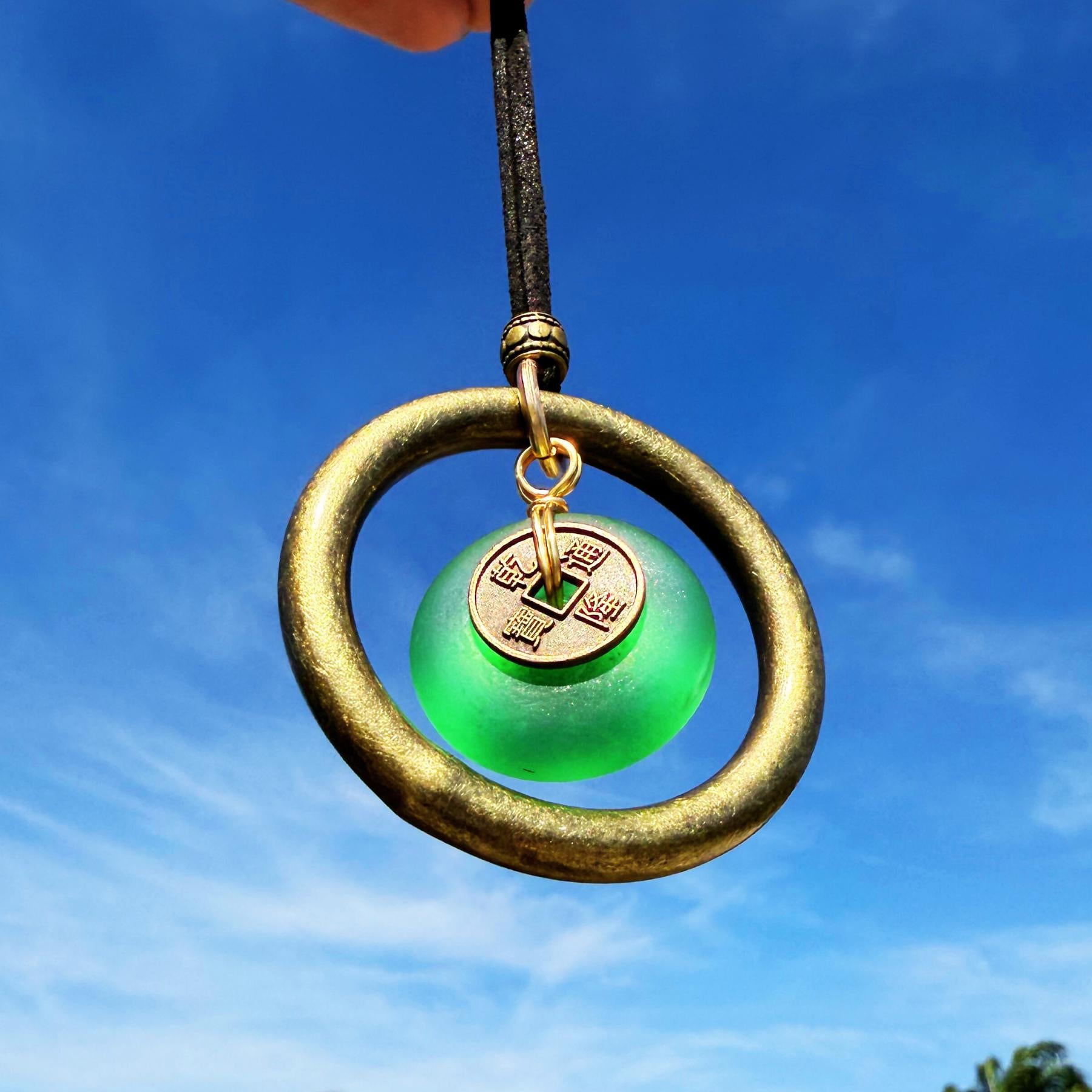 Sea Glass Car Charm: Dragon Lucky Coin Amulet - Wheel of Fortune Protection