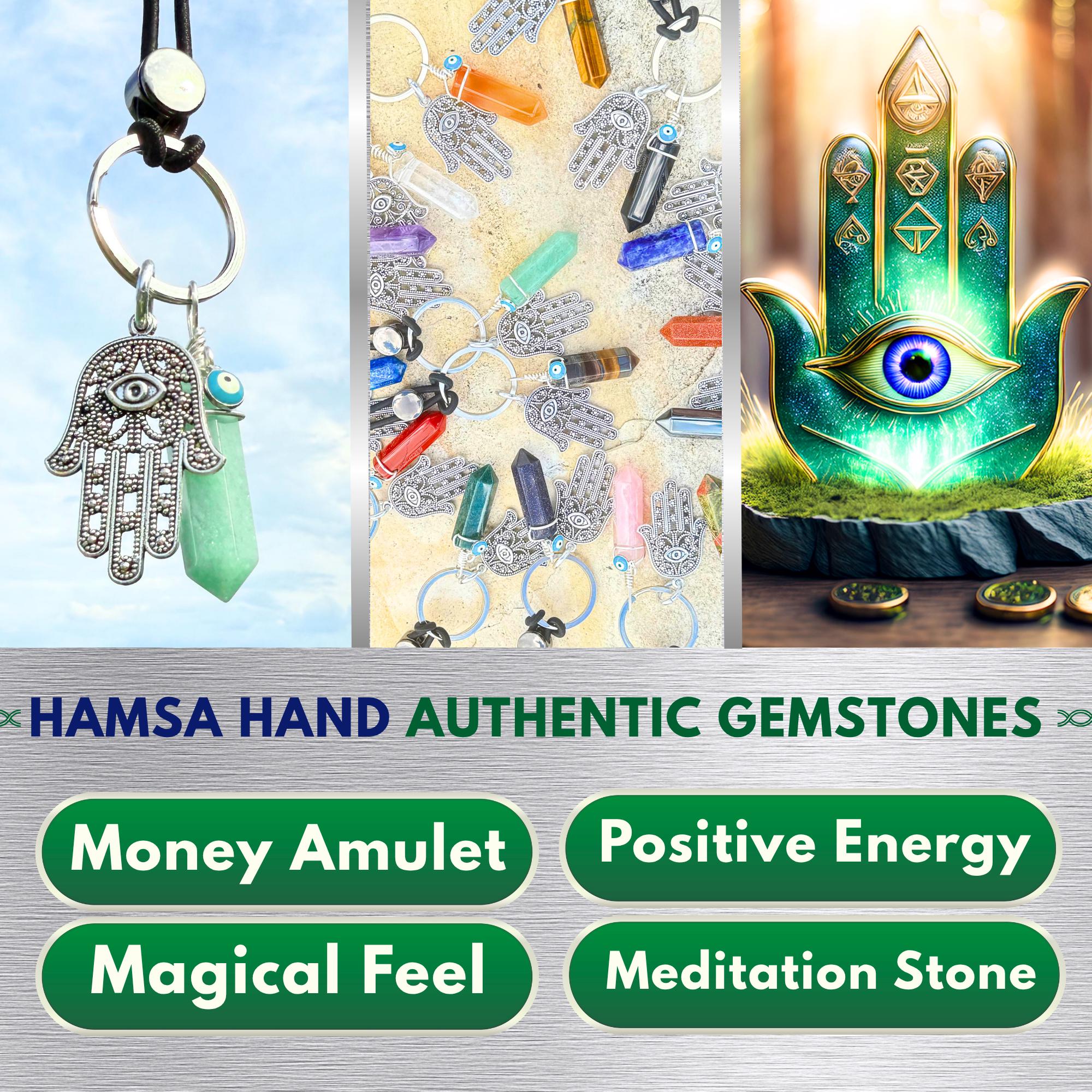 Money Talisman Hamsa Hand Keychain - Green Quartz Crystal - Evil Eye Amulet