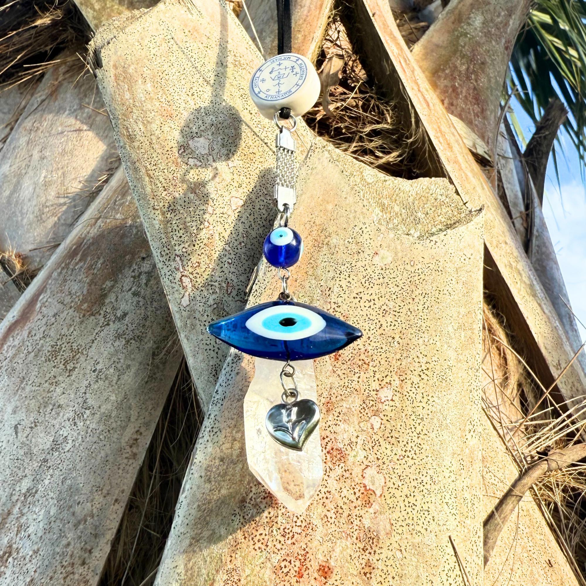 Archangel Michael Car Charm: Evil Eye Quartz Crystal Amulet