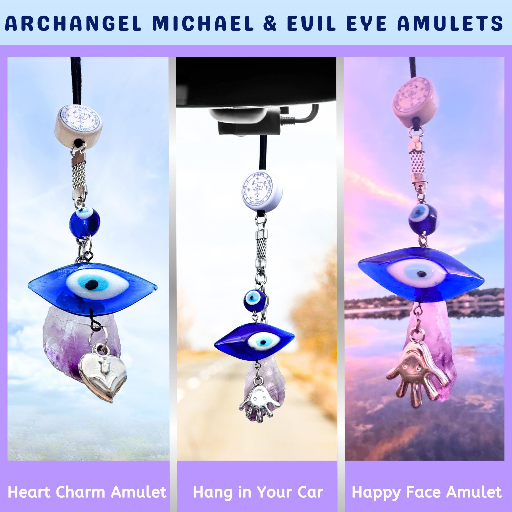 Archangel Michael Car Charm: Amethyst Evil Eye Amulet - King Solomon Sigil