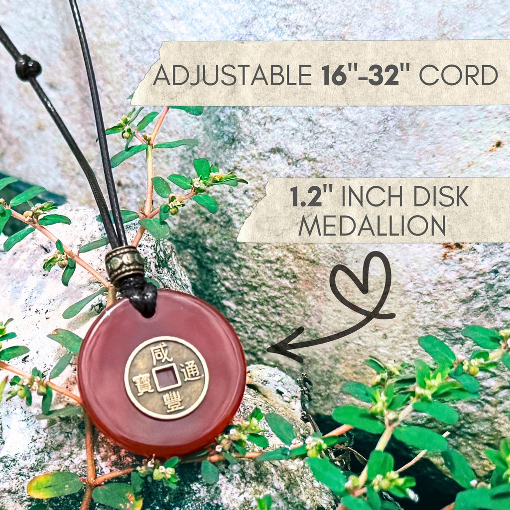 Carnelian Lucky Coin Necklace - Brass Fortune Amulet Adjustable Choker