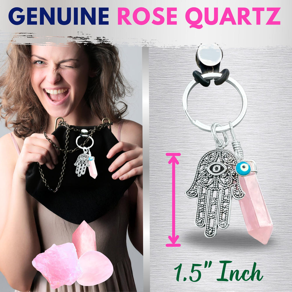 Love Amulet Hamsa Hand Keychain - Rose Quartz Crystal - Evil Eye Talisman - Car Hanging Ornament
