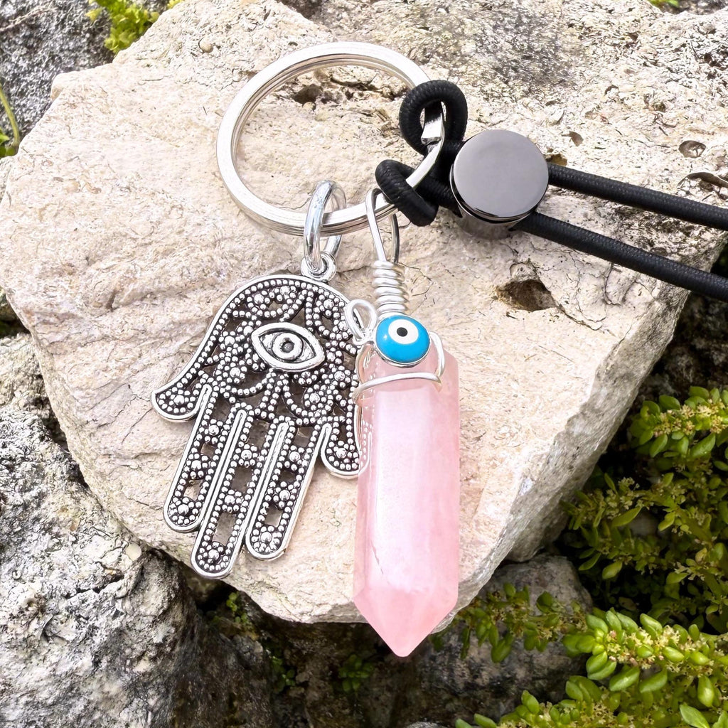 Love Amulet Hamsa Hand Keychain - Rose Quartz Crystal - Evil Eye Talisman - Car Hanging Ornament