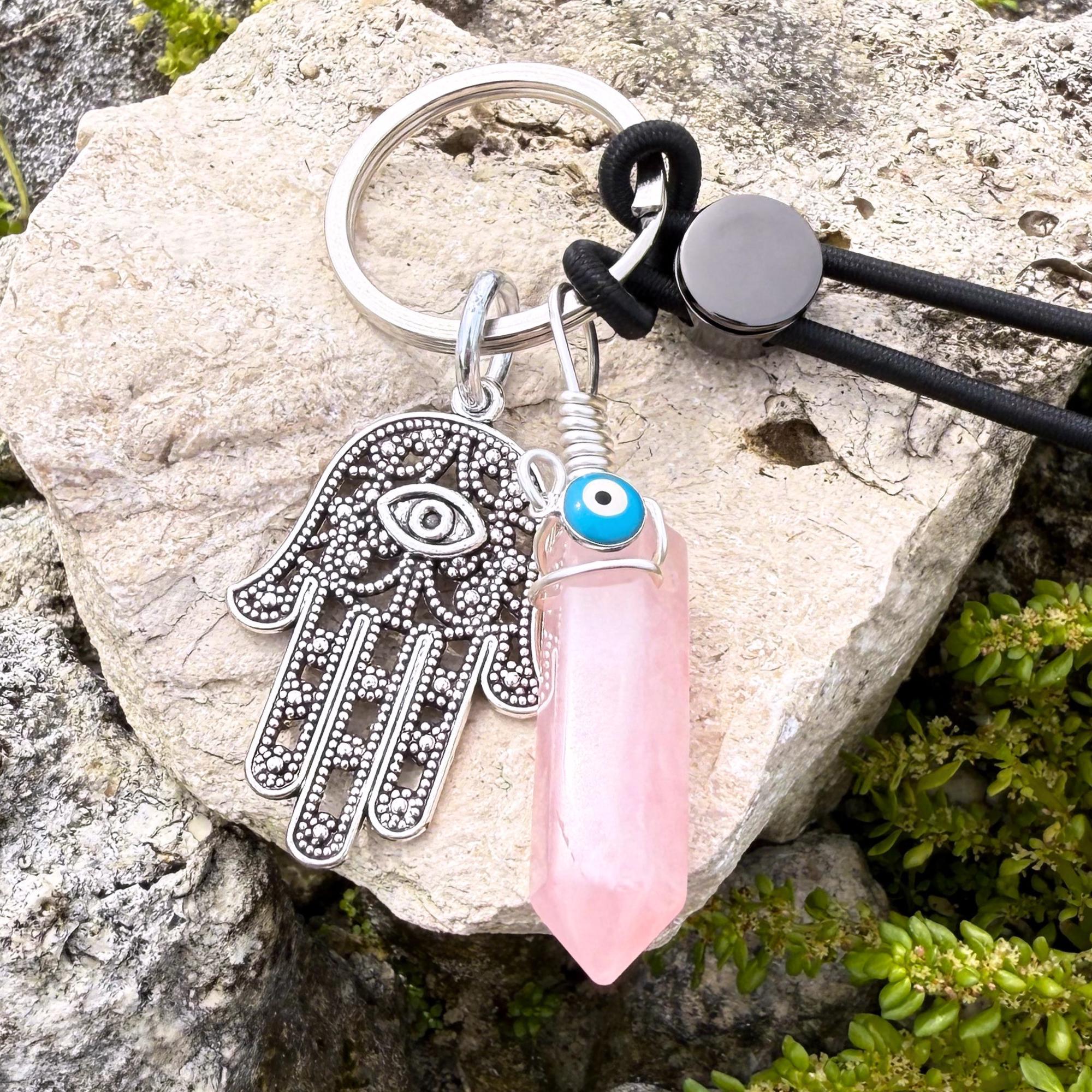 Love Amulet Hamsa Hand Keychain - Rose Quartz Crystal - Evil Eye Talisman - Car Hanging Ornament