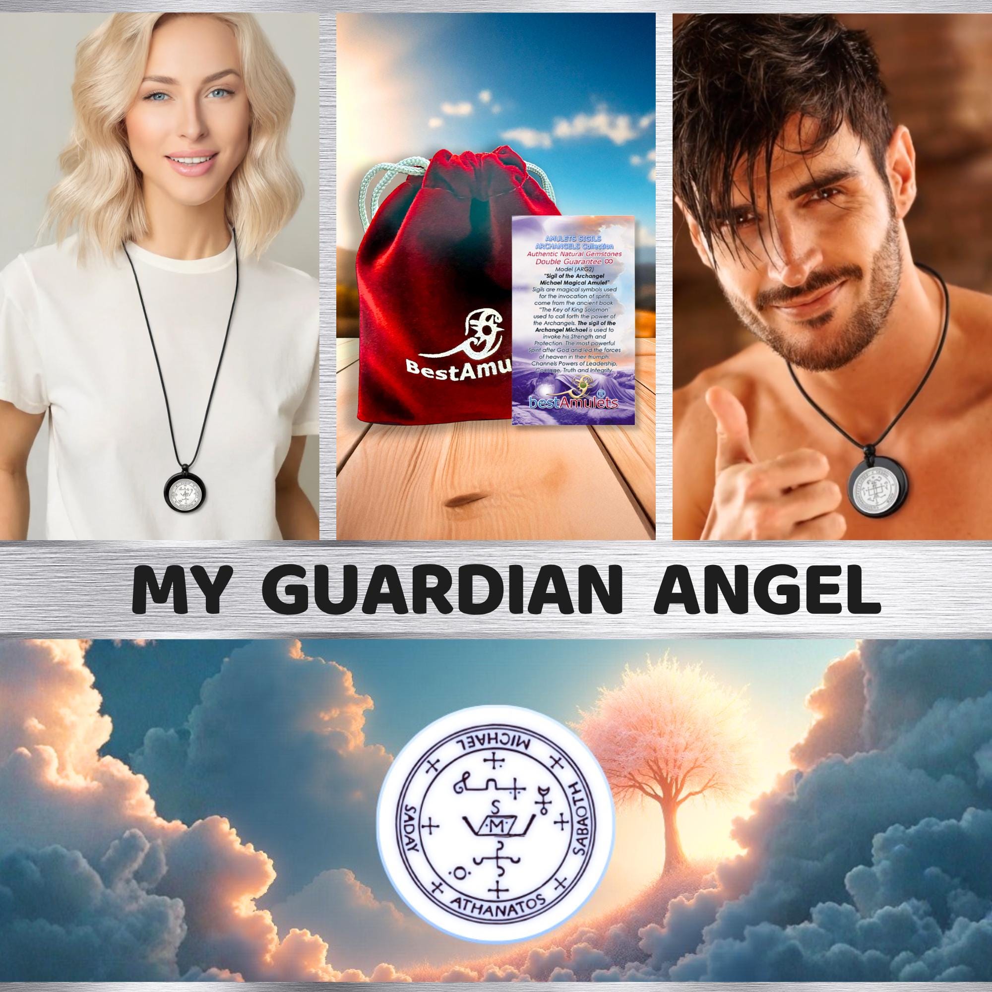 Archangel Sigil Amulet Necklace - Michael Gabriel Raphael Uriel - Genuine Black Agate Medallion